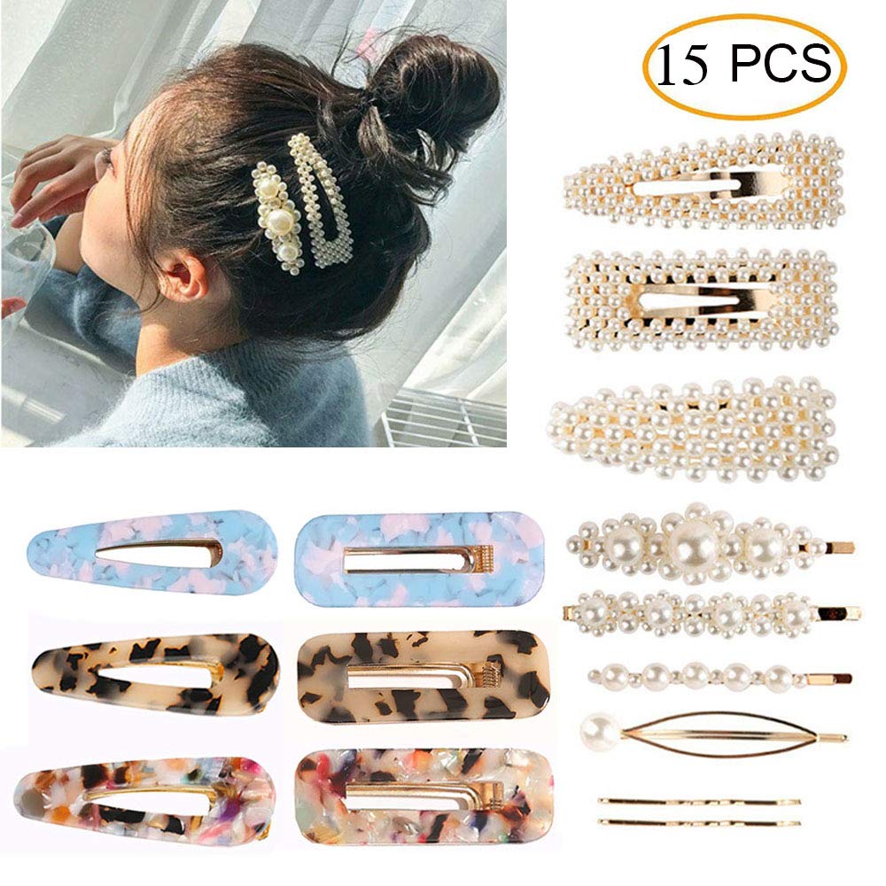 15 Pcs Pearl Hair Clips Set - Leopard Print Acrylic Resin Hair Barrettes with Jeweled Decor for Women & Girls | Hair Styling Accessories for Parties, Weddings & Everyday Use by FUNZON