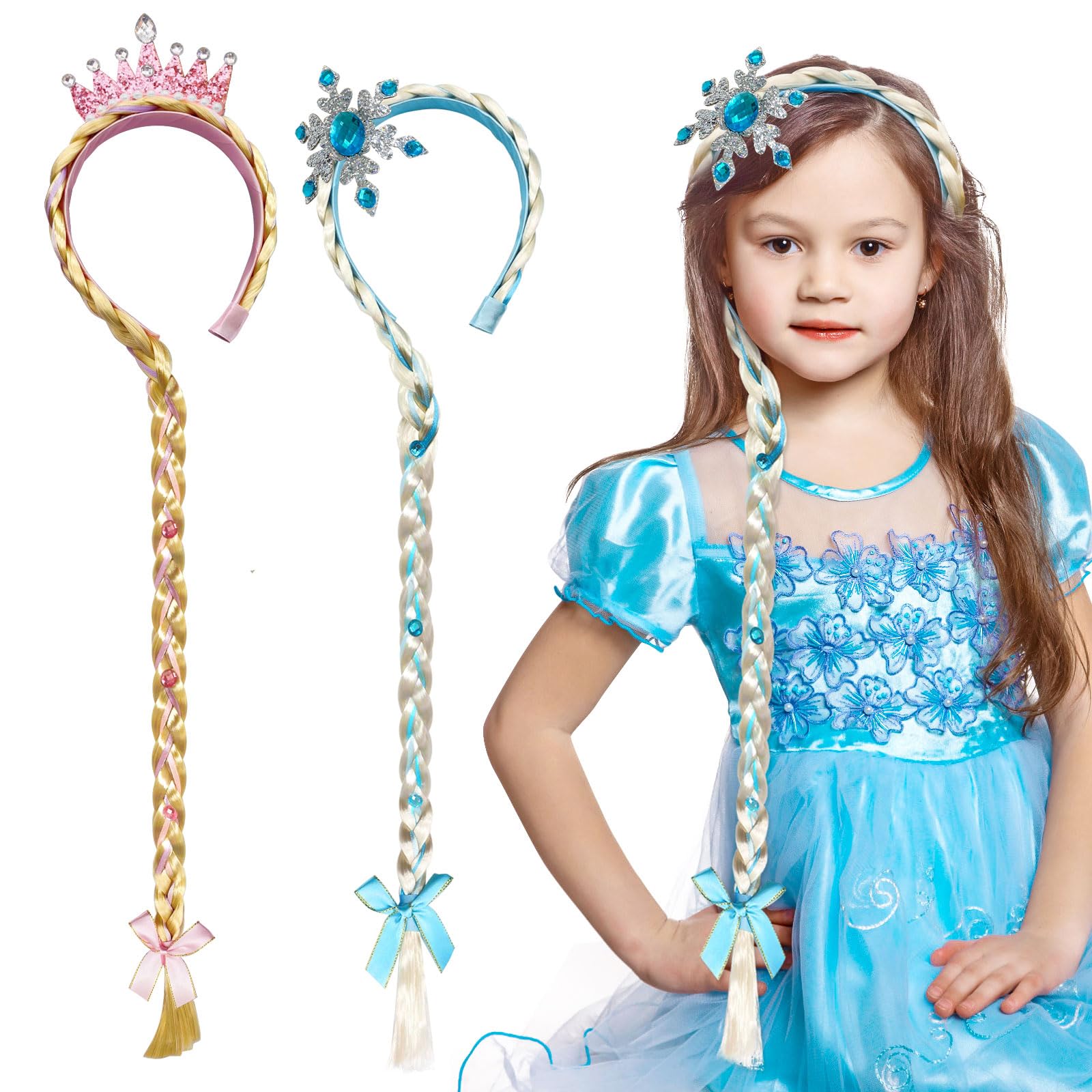 2Pcs Long Braided Princess Wigs for Girls - Rapunzel Cosplay Hairpiece with Headband, Costume Party Accessories | Perfect for Halloween, Dress-Up, Birthday Parties & Themed Events