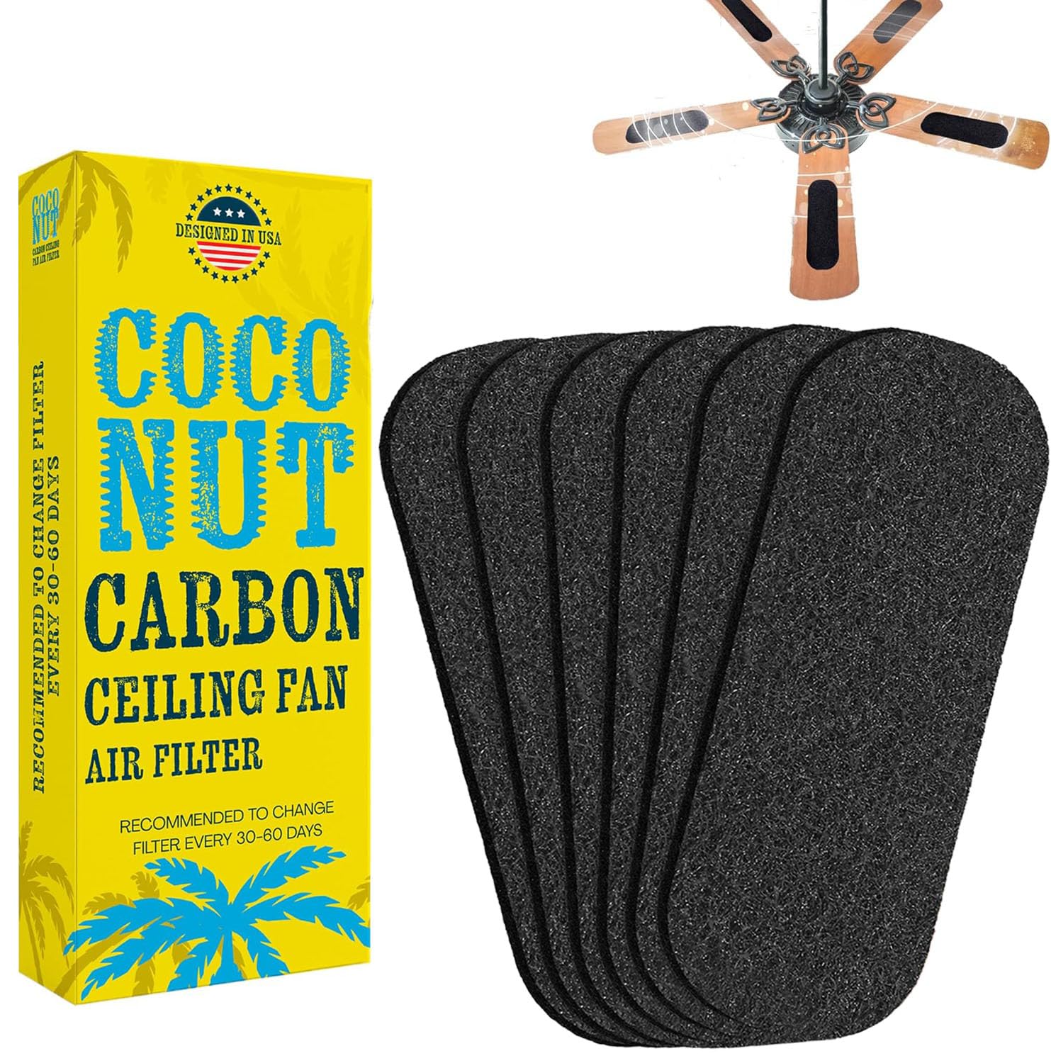Activated Coconut Shell Carbon Ceiling Fan Air Filters - 6 Pack Universal Easy-Stick Blades for Cleaner Air | Perfect for Home, Office & Bedroom Air Purification