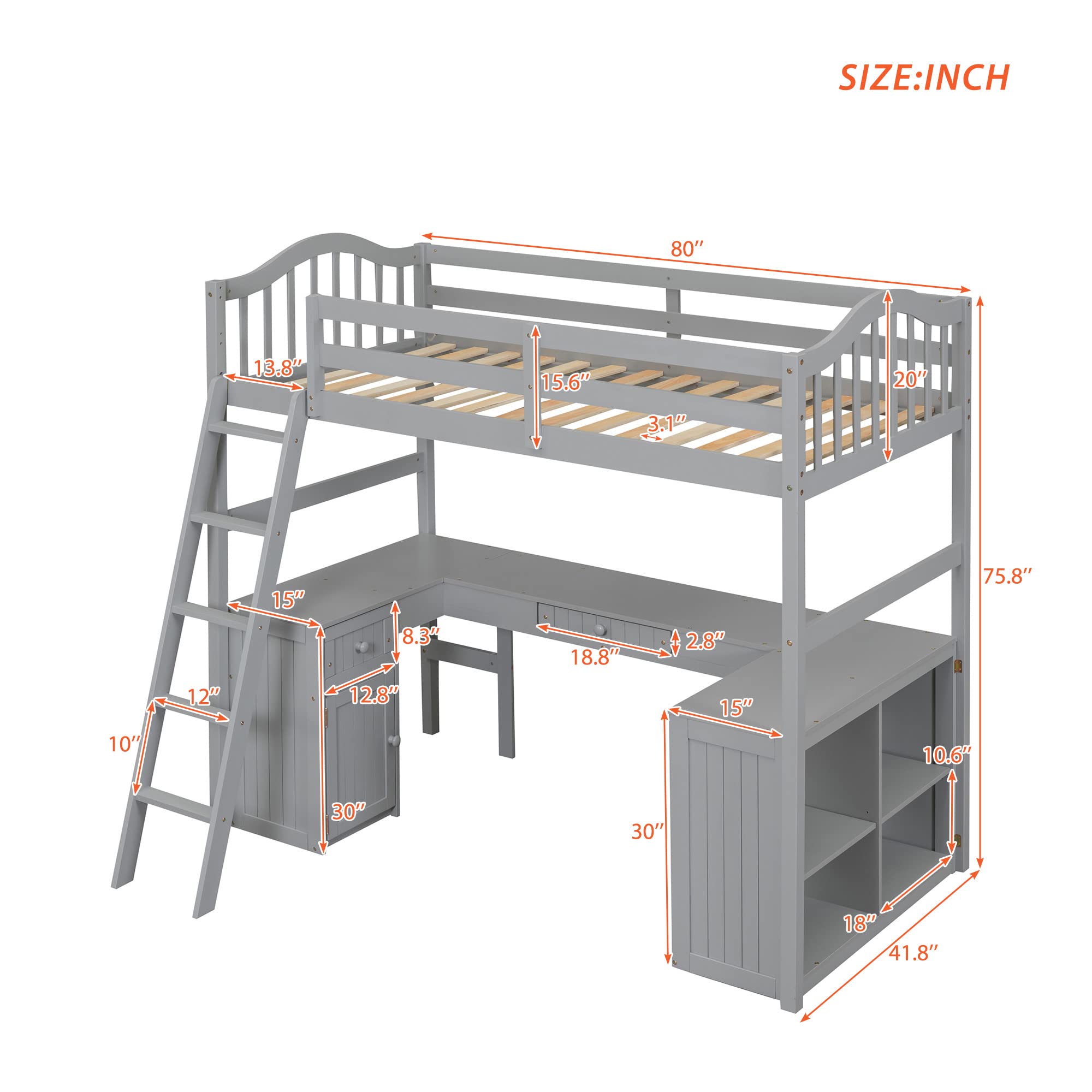 Twin Loft Bed with Desk, Drawer & Cabinet - Sturdy Wood Loft Bed with Bookcase Shelves for Kids, Teens & Adults - Space-Saving Dorm Furniture for Small Rooms (Gray) - Perfect for Bedrooms, Apartments & College Dorms