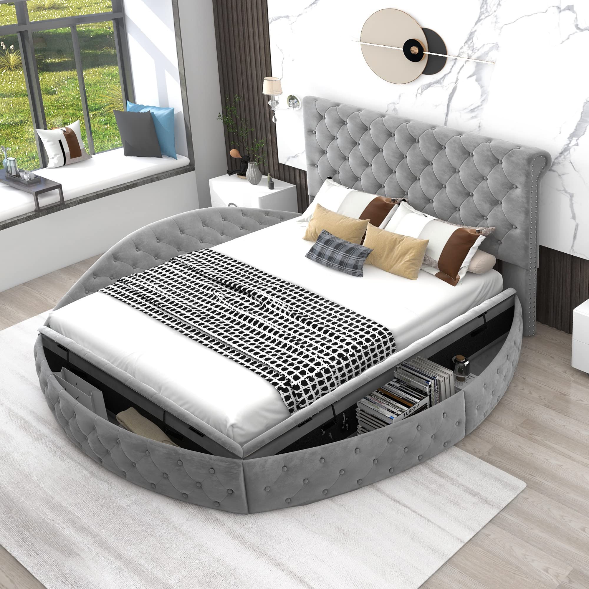 SOFTSEA Velvet Round Bed Frame with 3-Side Storage, Upholstered Platform Bed & High Headboard (Gray, Full Size) - Perfect for Small Bedrooms, Guest Rooms & Cozy Apartment Living