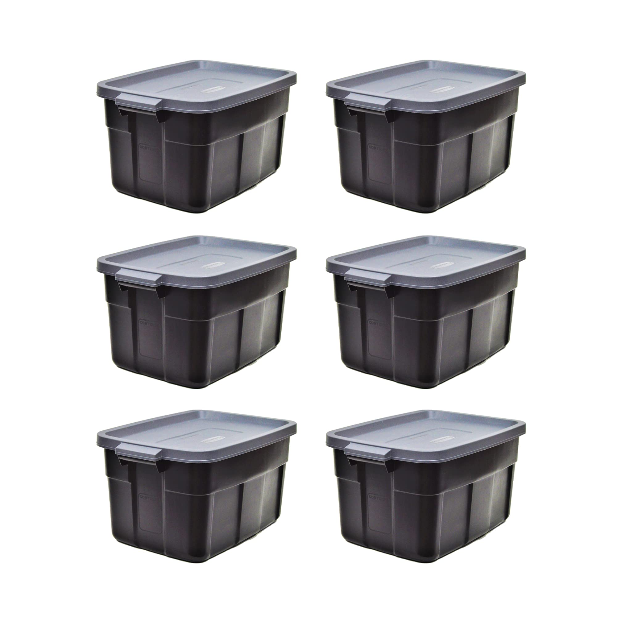 Rubbermaid Roughneck 14 Gallon Storage Totes - 6 Pack Heavy Duty Stackable Plastic Bins with Lids & Handles | Made in USA | Black & Gray | Ideal for Garage Organization, Home Storage & Moving Supplies