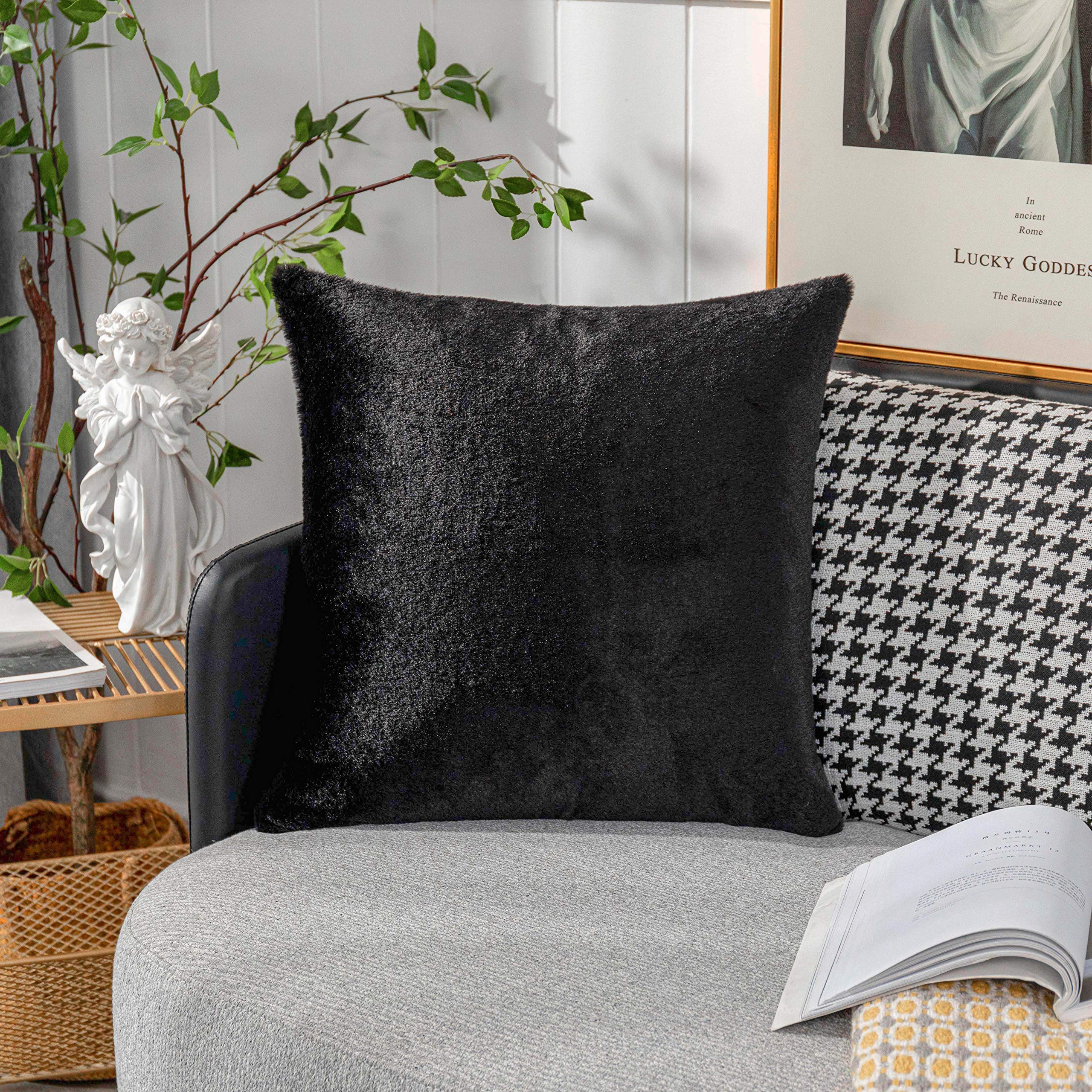 Luxury Black Faux Fur Throw Pillows Set of 2 - 26x26 Inch Soft Sherpa & Suede Couch Pillow Covers for Sofa, Bed, Floor - Cozy Home Decor for Living Room, Bedroom & Dorm