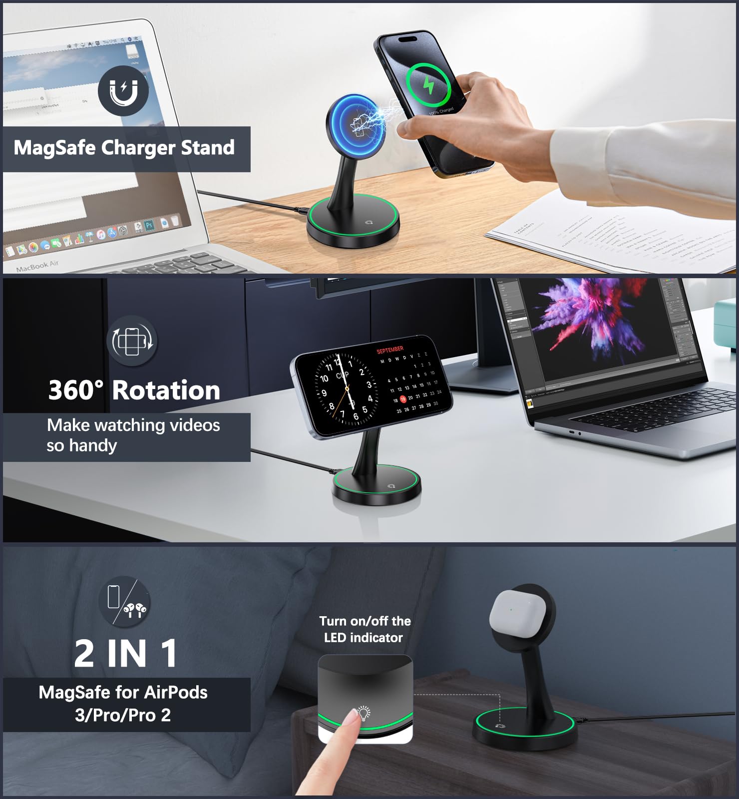 15W Fast Magnetic Wireless Charger Stand - Mag-Safe Compatible for iPhone 16/16 Pro/16 Plus/16 Pro Max/15/14/13/12 Series & AirPods - Sleep-Friendly Night Light - Perfect for Bedside, Office Desk & Travel Charging