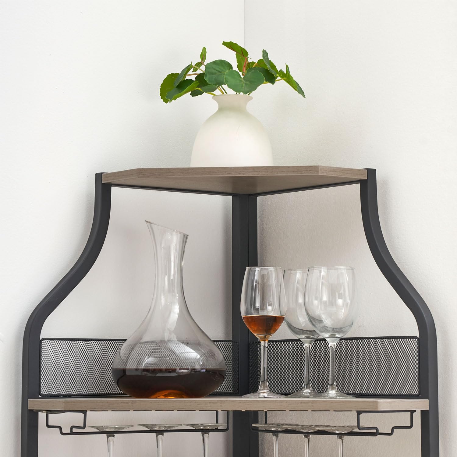 GAOMON 4-Tier Corner Wine Bar Cabinet - Large Storage Space, Removable Wine Rack, Glass Holder & Mesh Door - Grey - Perfect for Home Bar, Kitchen, Dining Room & Entertainment Spaces