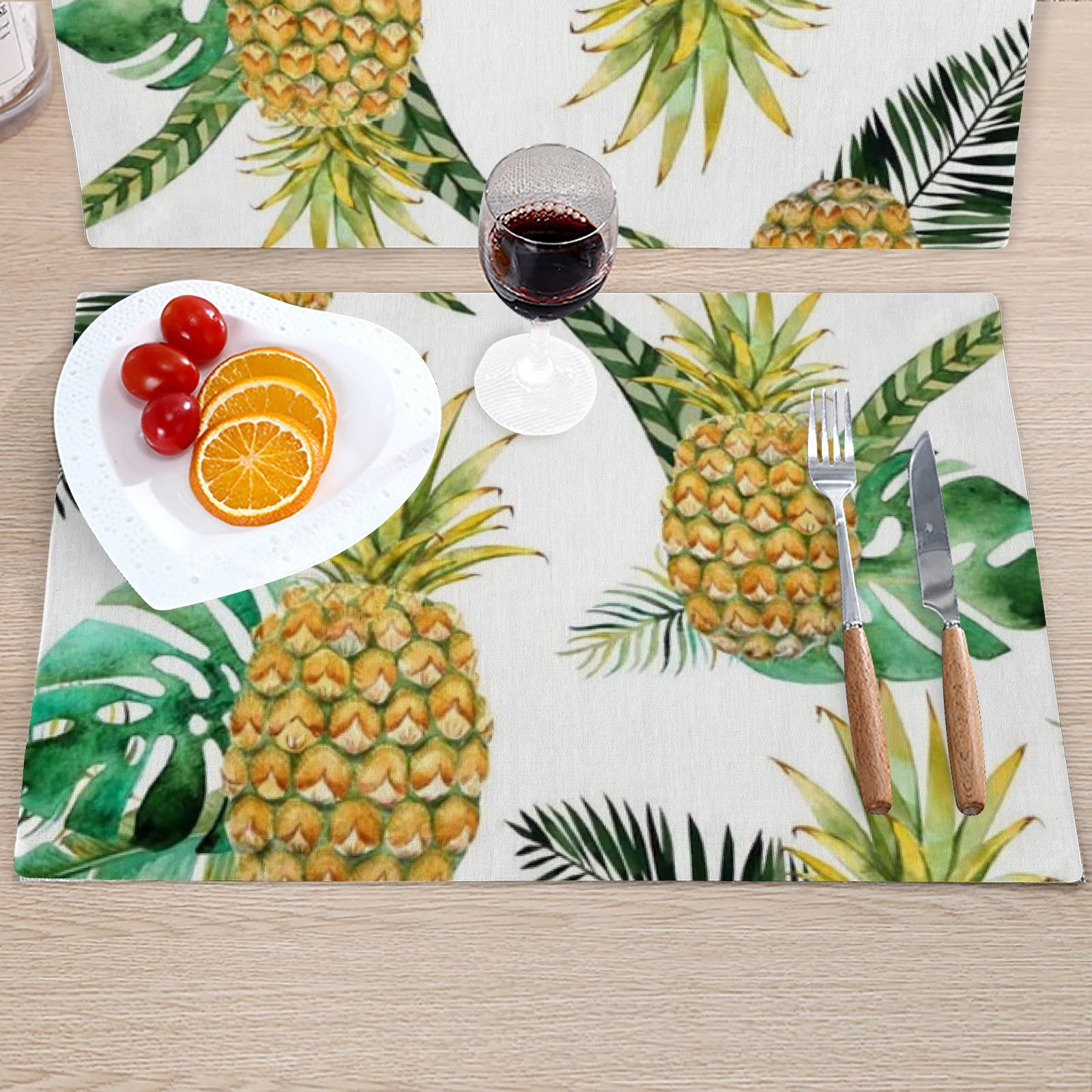 Premium Linen Placemats Set of 6 - Durable & Reusable 12x18 Inch Table Mats for Dining Room Decor, Tropical Pineapple Design - Perfect for Dinner Parties, Family Gatherings & Everyday Meals