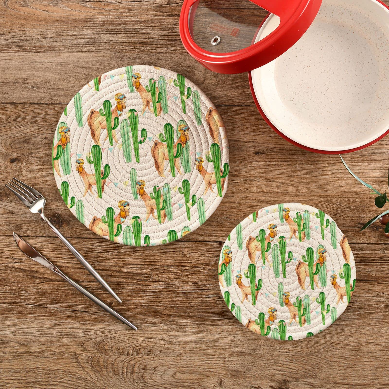 Funny Cartoon Llama & Cactus Pot Holders Set of 2 - Heat Resistant Trivets for Hot Pans, Bowls & Teapots - Cotton Woven Kitchen Decor for Countertops & Dining Tables