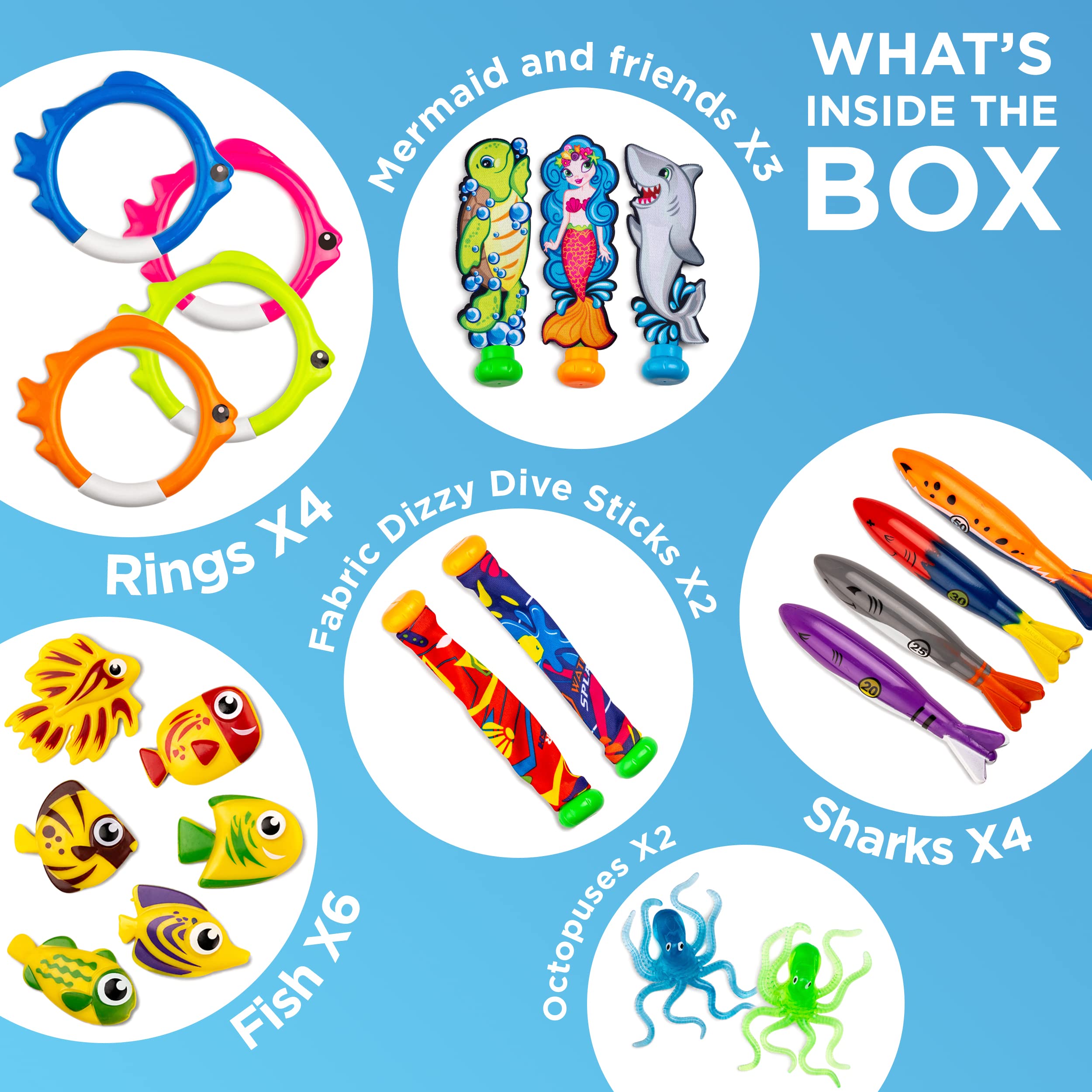 Chuchik 40-Piece Kids Swimming Pool Toys Set - 4 Diving Sticks, 4 Rings, 6 Pirate Treasures, 3 Toypedo Bandits, 9 Fish & 4 Octopus Water Toys with Storage Net Bag | Fun Pool Games for Children, Summer Beach Activities & Underwater Treasure Hunt Adventures
