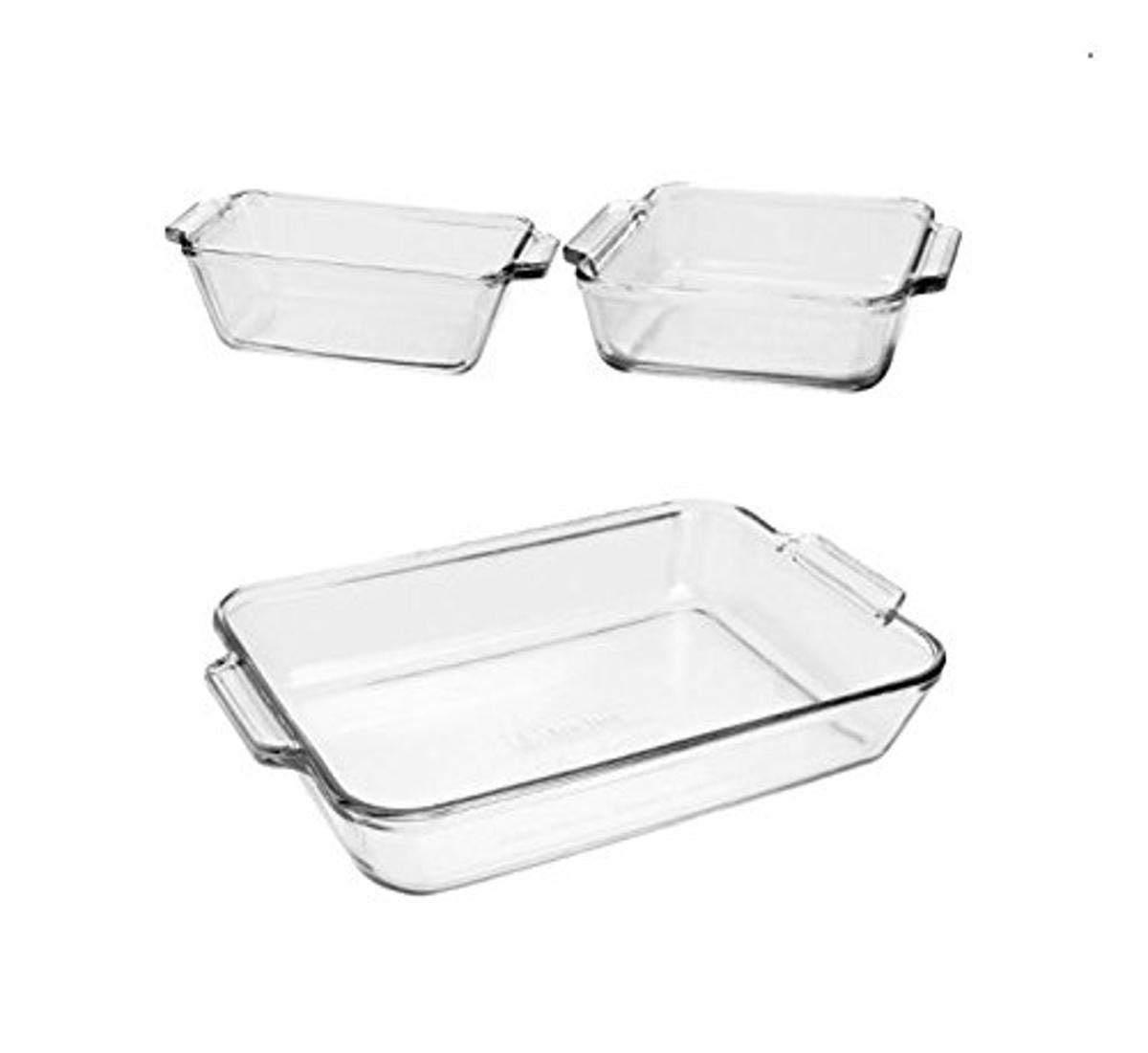 Anchor Hocking 3-Piece Glass Baking Dish Set - 3 Qt Casserole Dish, Cake Pan & Bread Pan for Oven Baking | Perfect for Casseroles, Desserts & Homemade Bread | Microwave & Dishwasher Safe