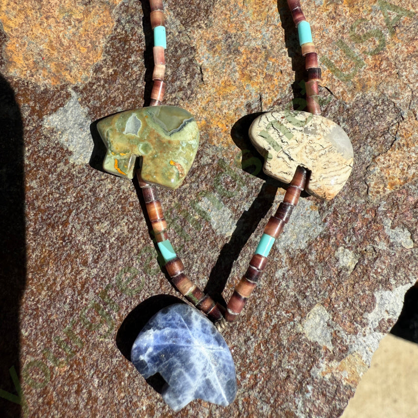 Authentic Vintage Zuni Bear Fetish Necklace with Natural Gemstone Heishi Beads | Native American Jewelry for Spiritual Protection & Style | Perfect for Ceremonies, Gifts & Boho Fashion