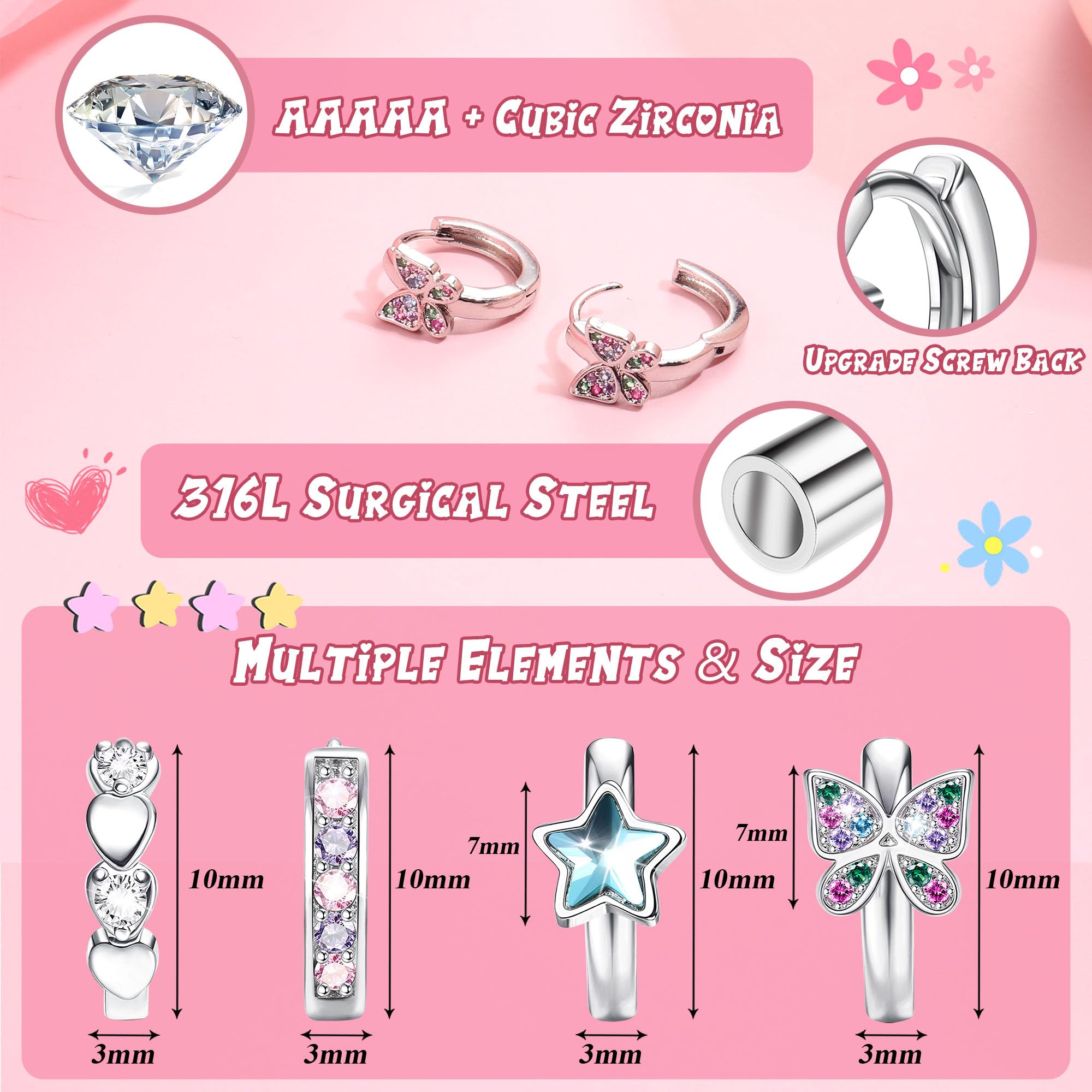 JeweBella 4-Pack Small Silver Hoop Earrings for Women & Girls - Hypoallergenic Pink/Blue Heart Star Butterfly Zirconia Huggie Cartilage Earrings Set | Perfect for Everyday Wear, Gifts & Kids' Fashion Accessories
