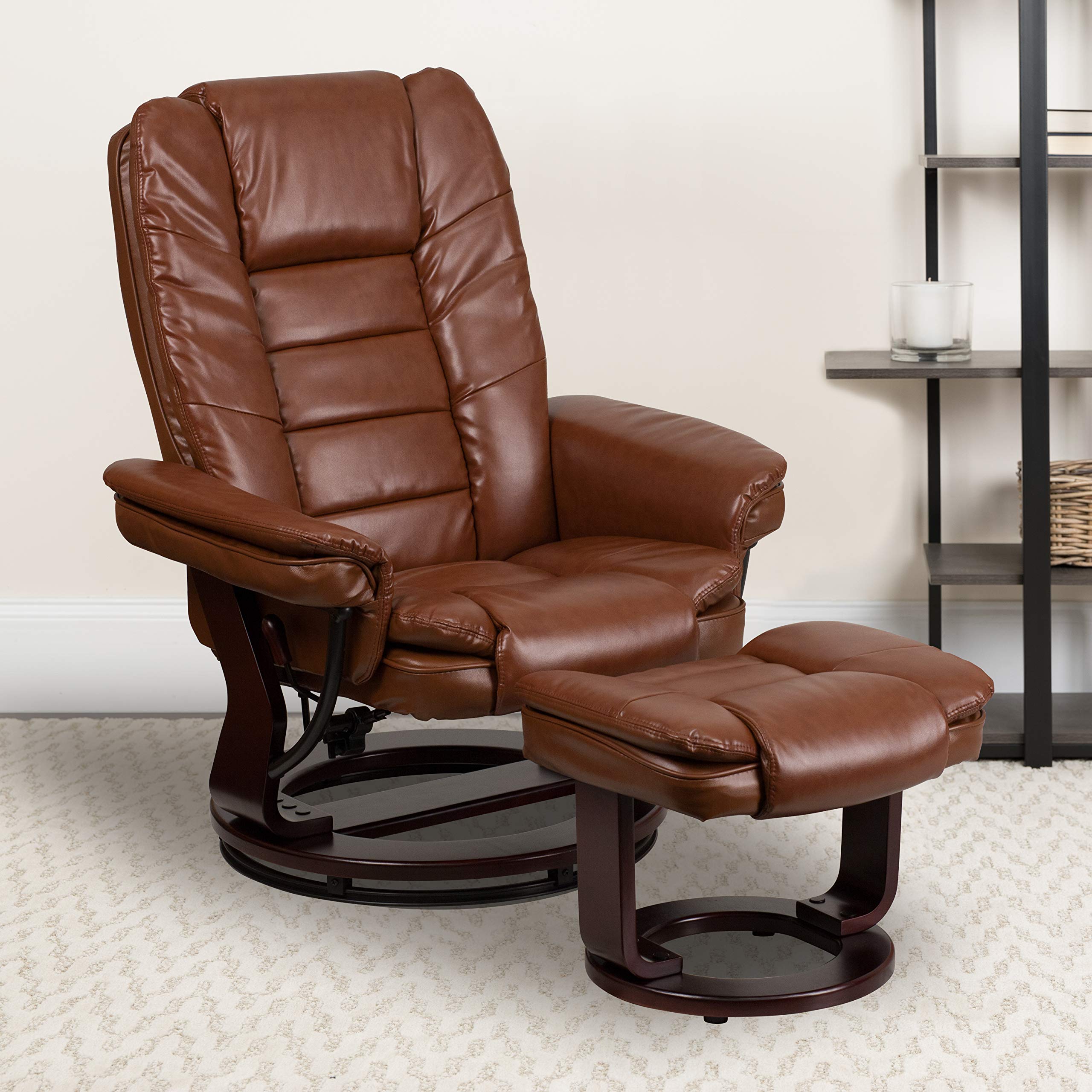 Emma & Oliver Multi-Position Recliner Chair with Ottoman - 360° Swivel Base, Vintage LeatherSoft Upholstery, Ergonomic Design for Living Room, Home Theater & Office Comfort