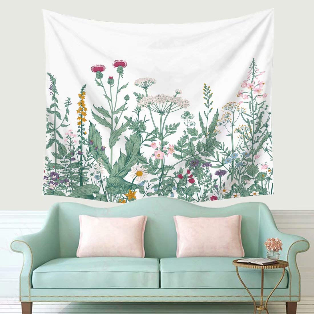 TSDA Floral Botanical Tapestry - Wildflower Herbs Plant Wall Hanging Decor for Bedroom, Dorm, Living Room - Large 79 x 59 Inch Bohemian Aesthetic Tapestry - Perfect for Home Decor, Yoga Studio & Festival Backdrop