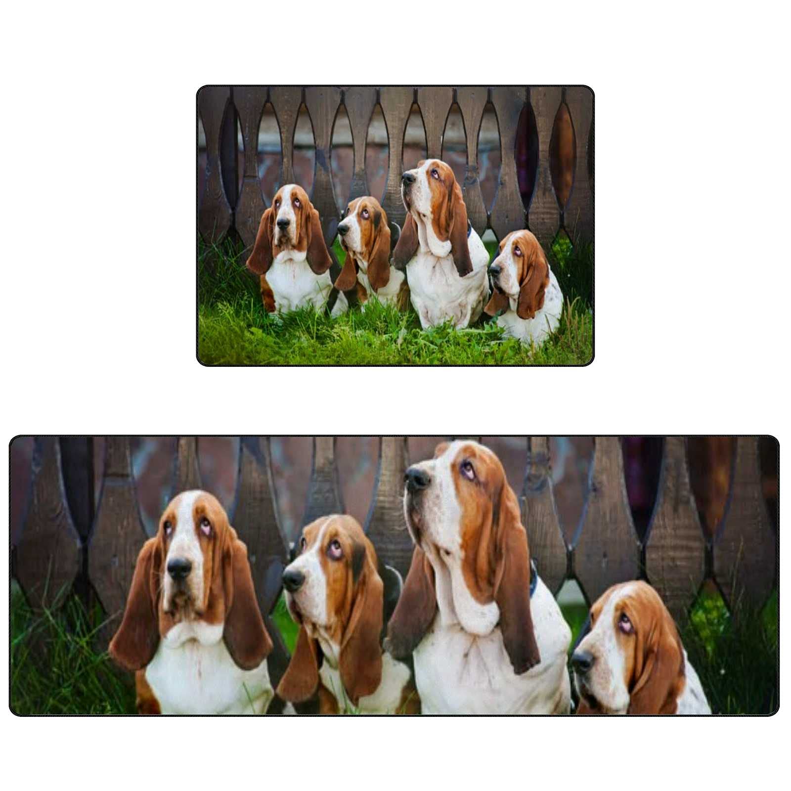 Premium Non-Slip Kitchen Mat Set of 2 - Super Absorbent Basset Hound Design Floor Mats for Home, Office & Laundry Room - Perfect for Standing Comfort While Cooking, Dishwashing & Household Chores