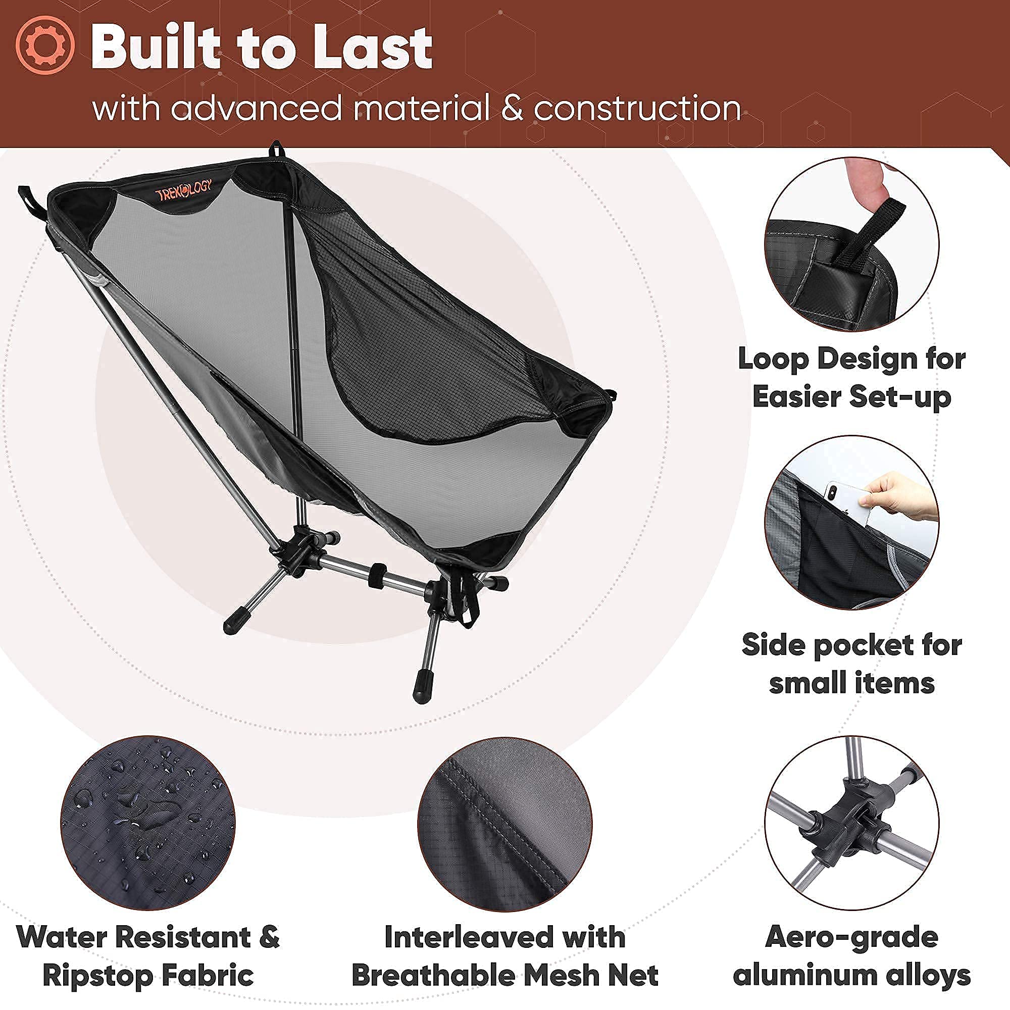 TREKOLOGY Ultralight Camping Chair - Portable Lightweight Folding Chair for Adults & Kids, Compact Backpacking Chair for Hiking, Beach, Picnic, Outdoor Adventures | Perfect for Camping, Backyard, Travel & Relaxation