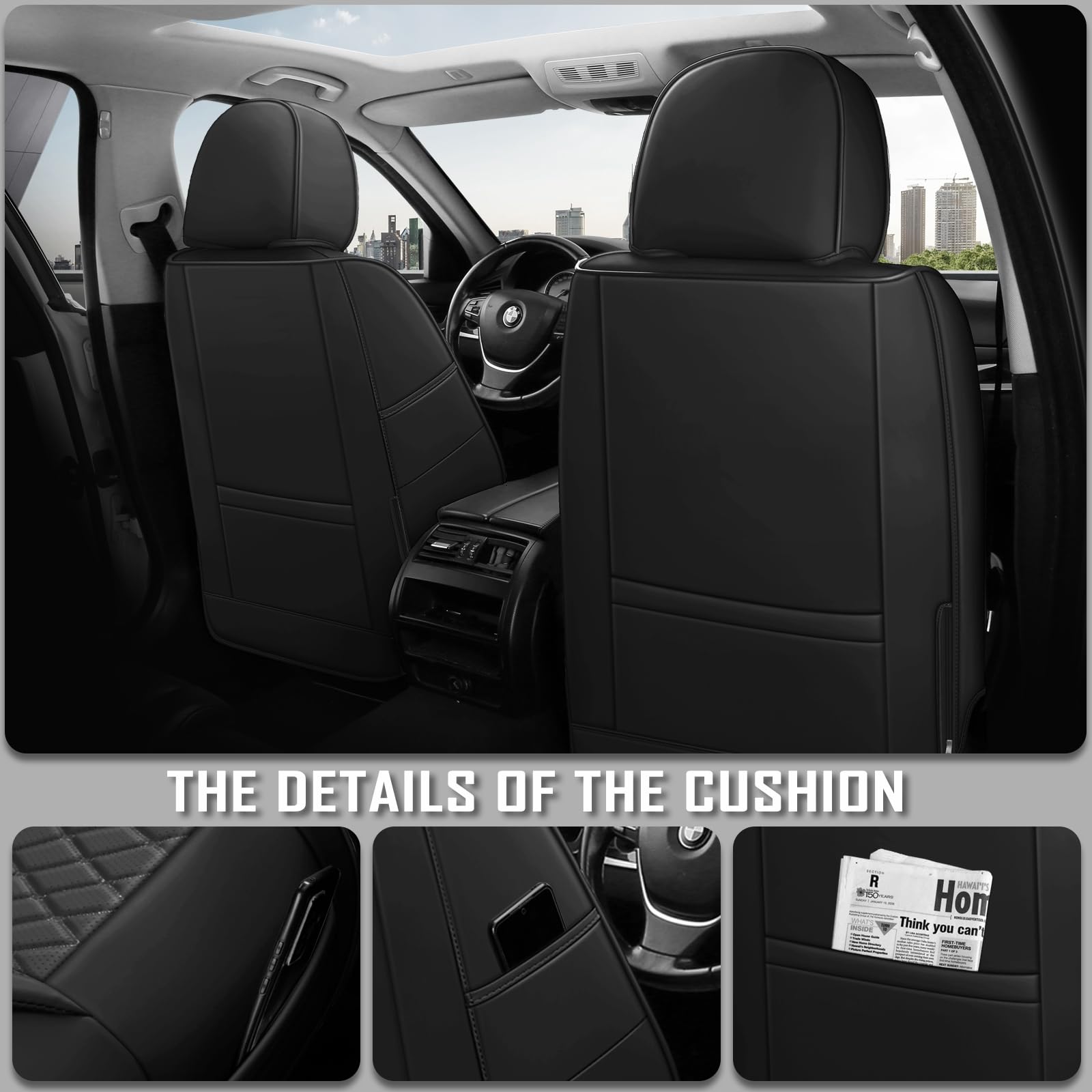 Premium Leather Car Seat Covers - Universal Fit for Cars, SUVs, Trucks & Sedans | Waterproof, Airbag Compatible & Scratch-Resistant | 5-Piece Set (Black) | Perfect for Road Trips, Daily Commute & Family Protection