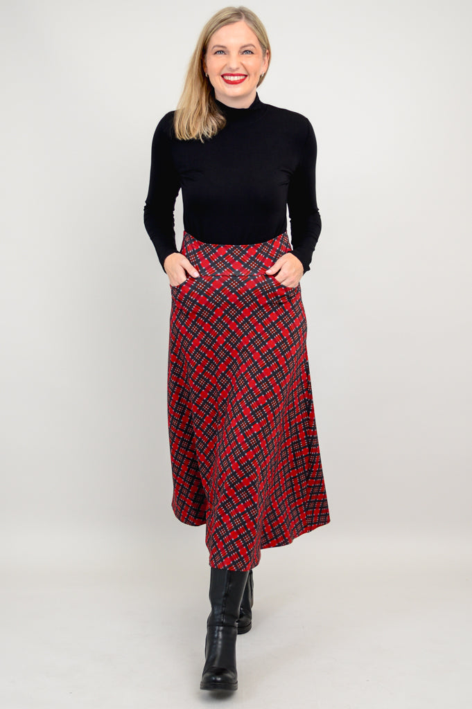 Gillian Skirt - Stylish Cherry Plaid Bamboo Midi Skirt for Women | Perfect for Casual Outings, Office Wear & Summer Fashion