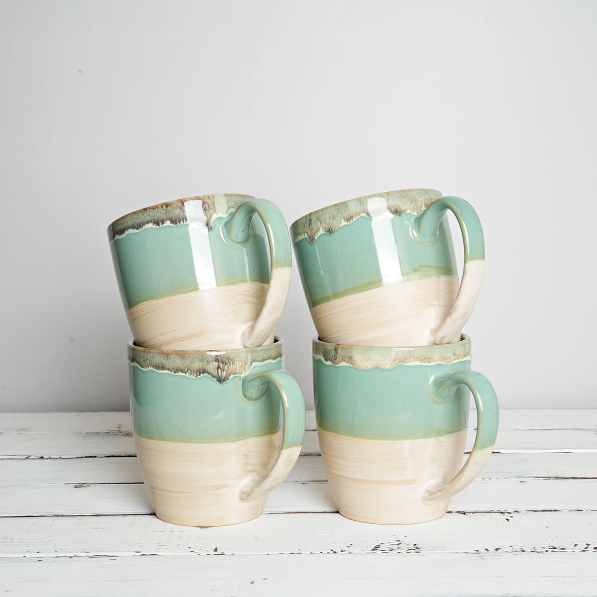 Bosmarlin 16 Oz Ceramic Coffee Mug Set of 4 - Dishwasher & Microwave Safe - Reactive Glaze Tea Cups - 5 Color Options (Green) - Perfect for Home, Office or Gift Giving
