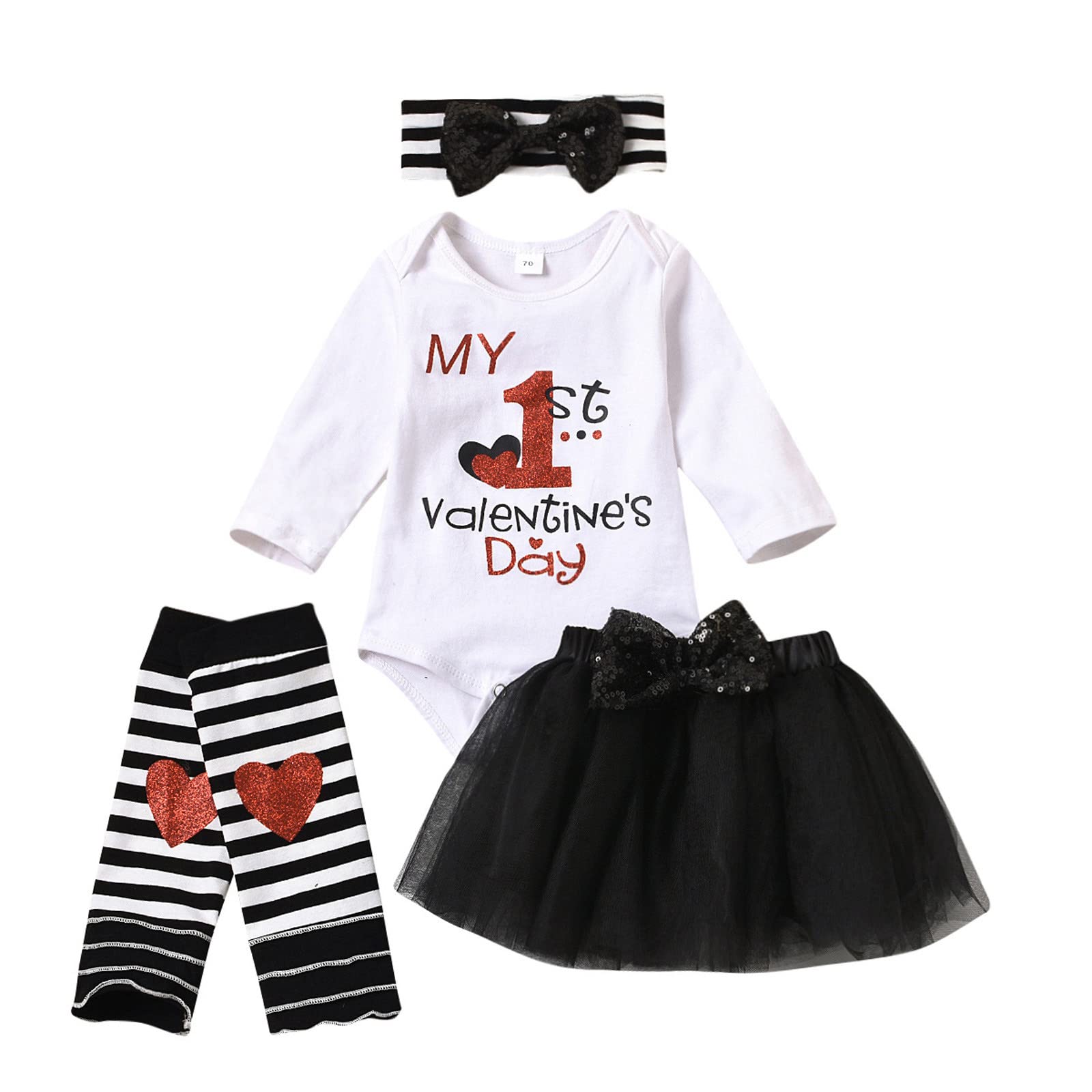 Valentine's Day Baby Girl Outfits Set - Sikye Romper with Long Sleeves, Skirt, Hairband & Printed Socks (White, 18-24 Months) | Perfect for Valentine's Photos, Birthday Gifts & Special Occasions