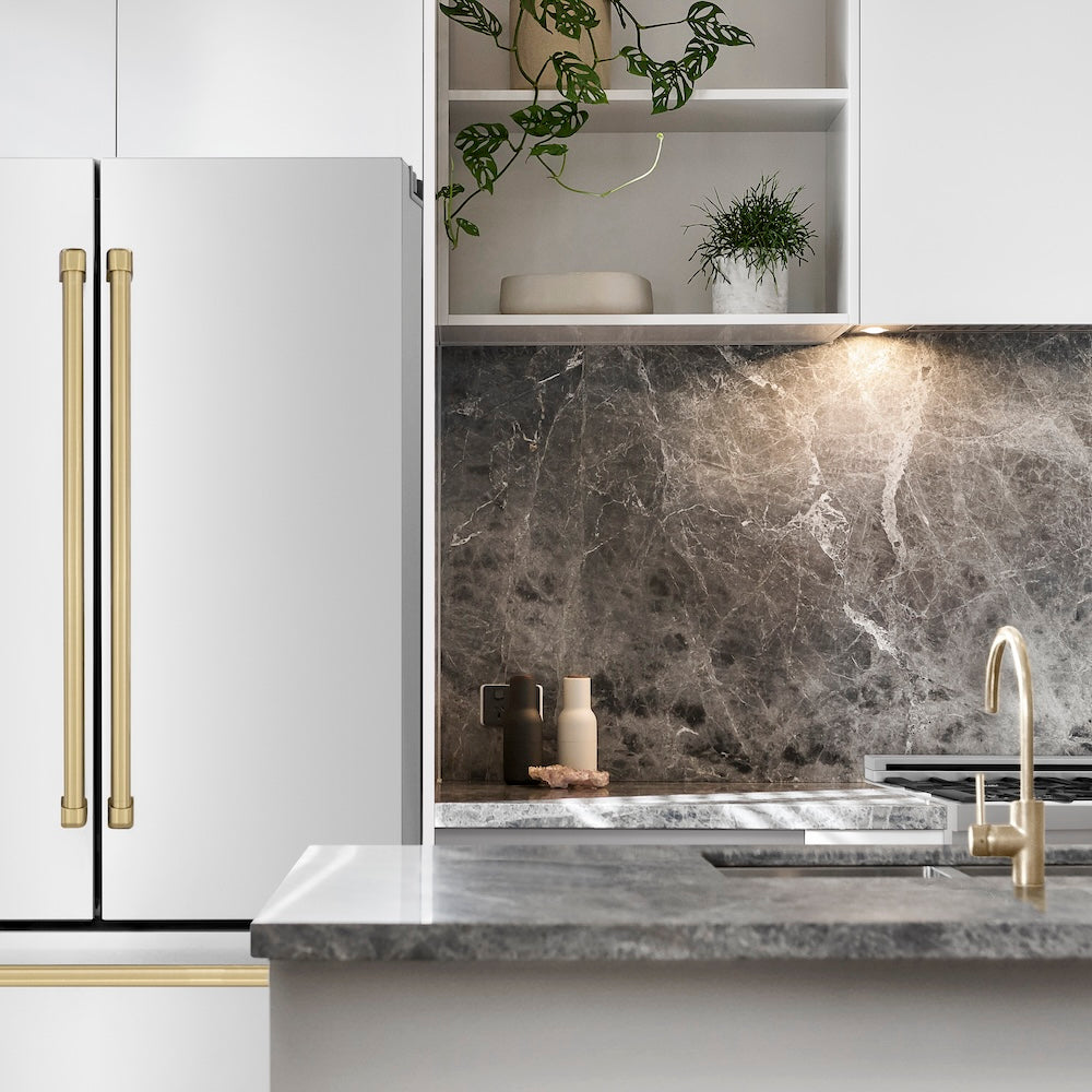 ZLINE Autograph Edition 36 Inch Counter Depth French Door Refrigerator with Ice Maker - 22.5 cu.ft Capacity, Fingerprint Resistant Stainless Steel, Champagne Bronze Handles (RFMZ 36 CB) - Perfect for Modern Kitchens & Open Concept Homes