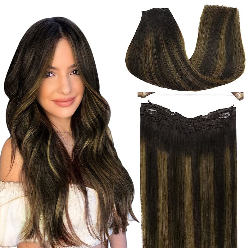 GOO GOO 20 Inch Dark Brown to Chestnut Brown Balayage Human Hair Extensions - 110g Straight Real Hair Wire Extensions with Invisible Hairpiece for Daily Wear, Parties & Special Occasions