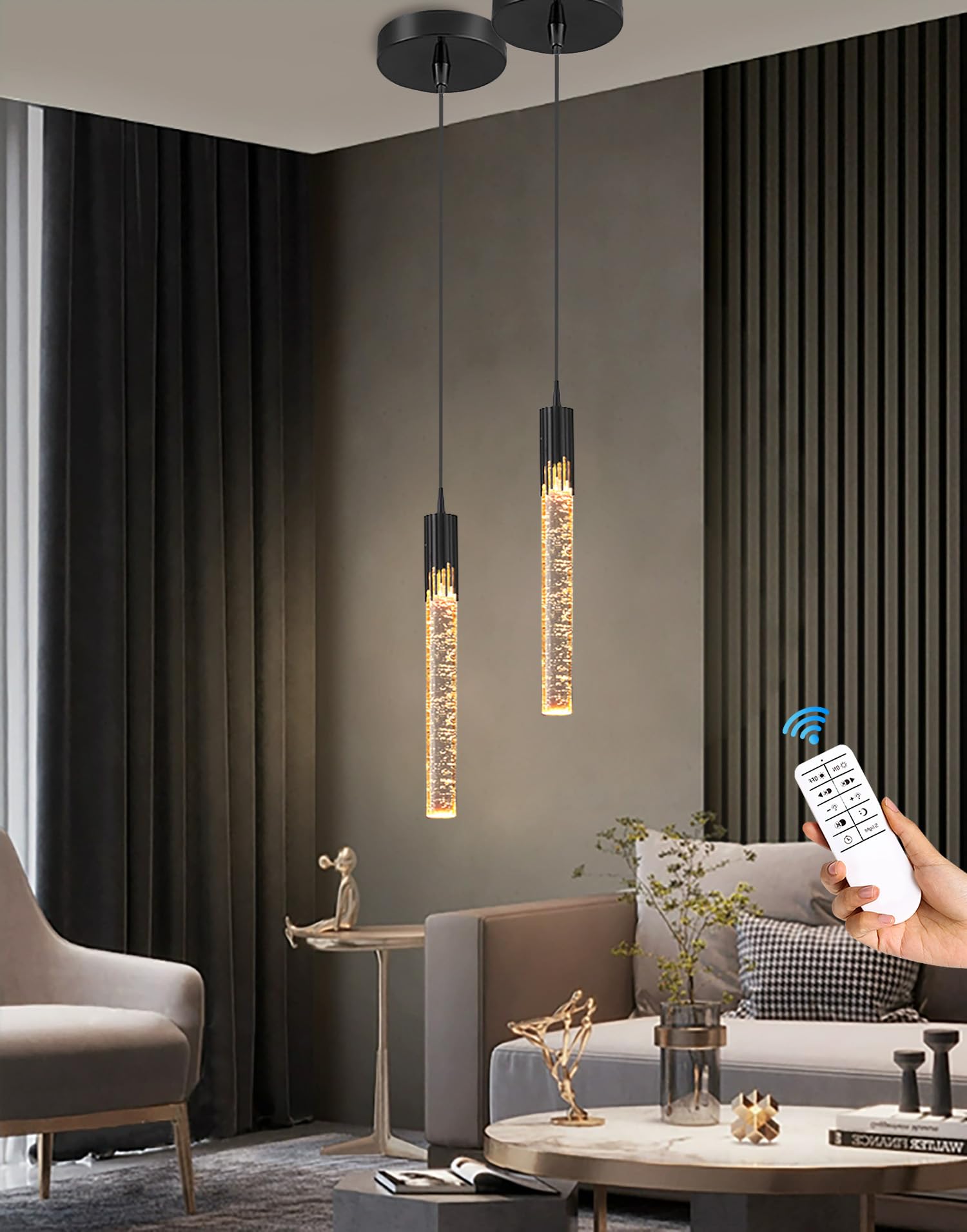 Modern LED Crystal Mini Pendant Light - Dimmable Black Bubble Chandelier for Kitchen Island, Dining Room, Bedroom & Bar | Energy Efficient Lighting Fixture for Home & Commercial Spaces