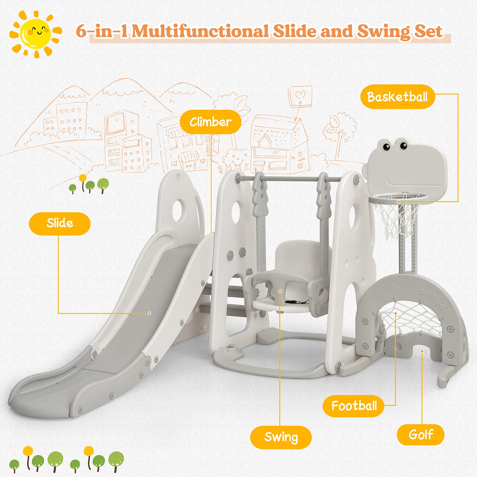 **Costzon 6-in-1 Toddler Slide & Swing Set – Large Kids Climber Playset with Basketball Hoop, Soccer Goal & Golf Hole – Indoor & Outdoor Backyard Playground for Ages 2-12 – Perfect Birthday & Holiday Gift**    *(Great for Backyards, Parks, Daycares & Playrooms – Encourages Active Play & Motor Skills Development!)*