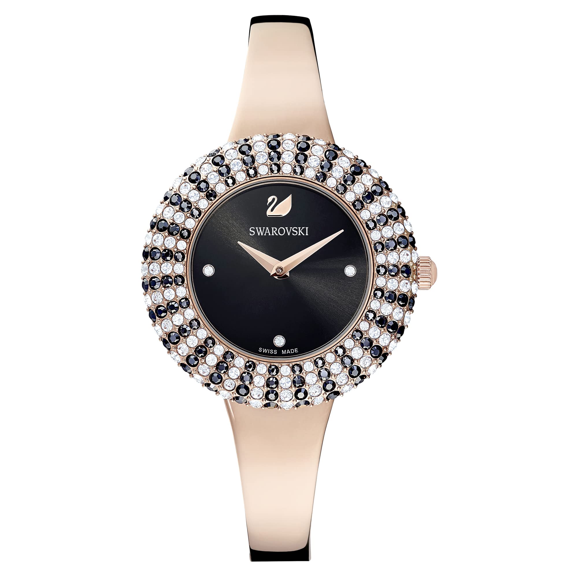 Swarovski Crystal Rose Watch with Metal Bracelet - Black & Rose Gold-Tone Finish | Elegant Women's Fashion Accessory for Parties, Weddings & Special Occasions