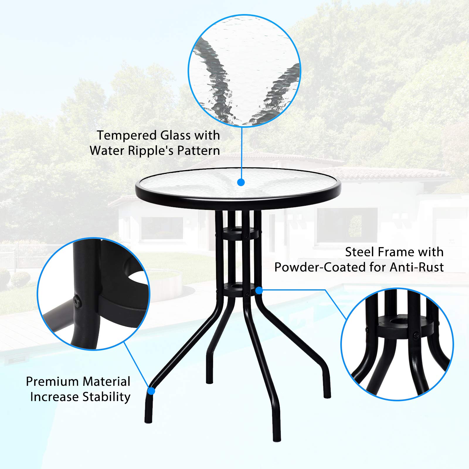 SAFSTAR 3-Piece Outdoor Bistro Set - Round Patio Dining Table with 2 Folding Chairs for Poolside, Balcony, Garden & Yard - 27.5