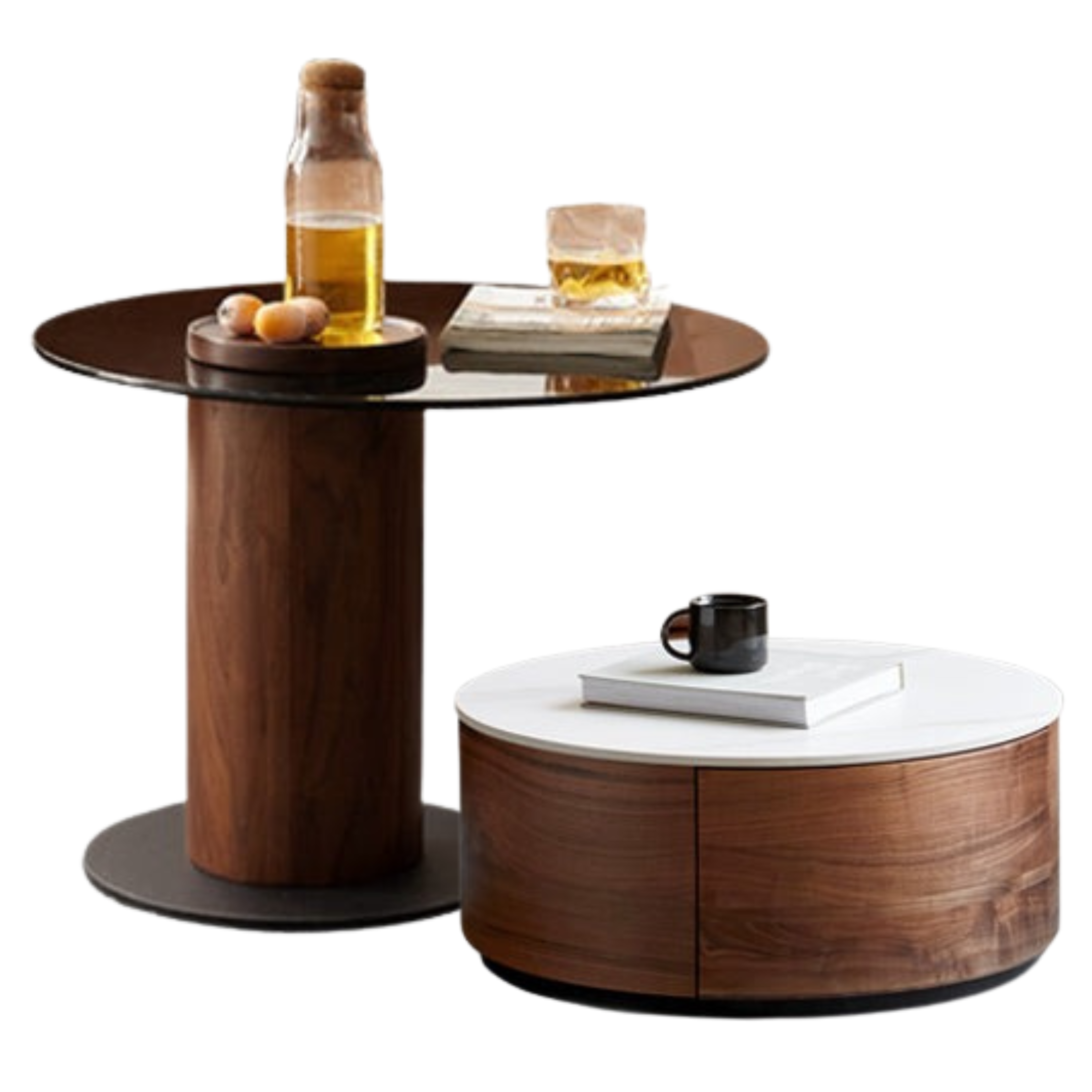23.6x23.6x16.5 inch / 60х60х42cm + 27.5x27.5x11.4 inch / 70x70x29cm / Rich Dark Walnut color / glass high coffee table + slate low coffee table
