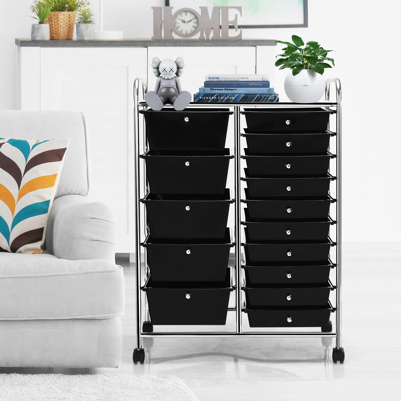COSTWAY 15-Drawer Rolling Storage Cart with Removable Drawers & Sturdy Metal Frame | Multipurpose Mobile Organizer for Tools, Office Supplies & Paper Storage | Perfect for Home, Office, Workshop & Craft Room Organization (Black)