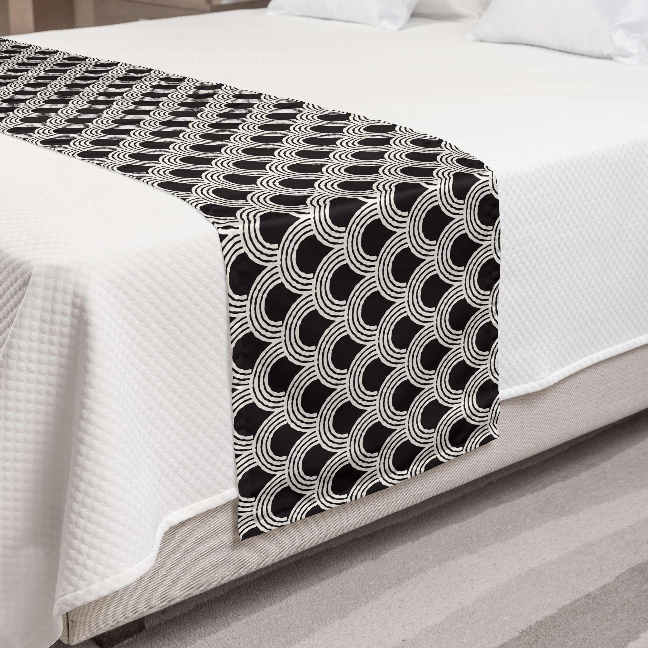 Ambesonne Geometric Stripe Bed Runner - Retro Overlap & Nested Circles Design - Decorative Bed Scarf for Hotels, Homes & Guest Rooms - Charcoal Grey Eggshell - Perfect for Bedroom Decor & Sofa Accent