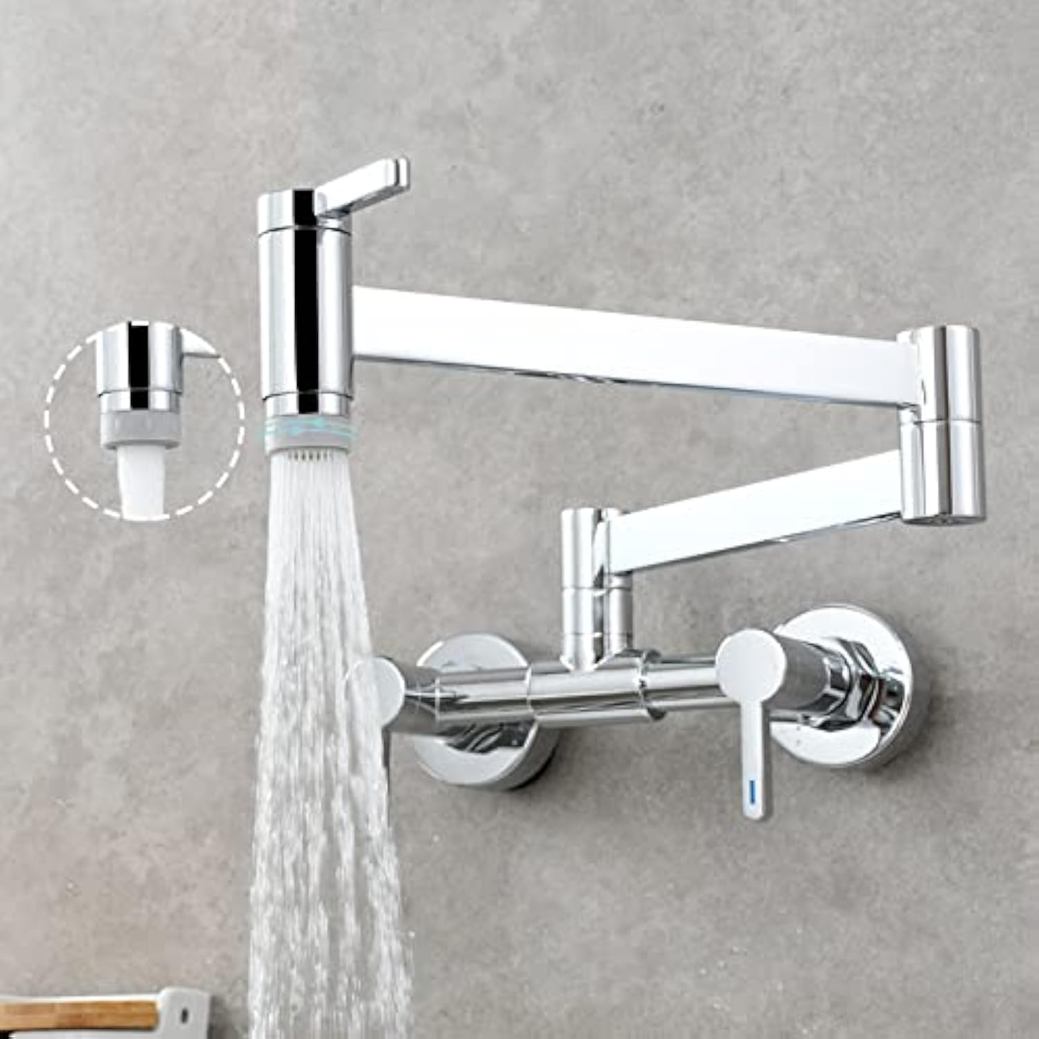 Solid Brass Wall Mount Kitchen Sink Faucet - Dual Handle Hot & Cold Water Mixing Tap with Extendable Folding Arm & Chrome Plating (Dual Function Spray Nozzle) - Perfect for Small Kitchens, RVs and Bathroom Sinks