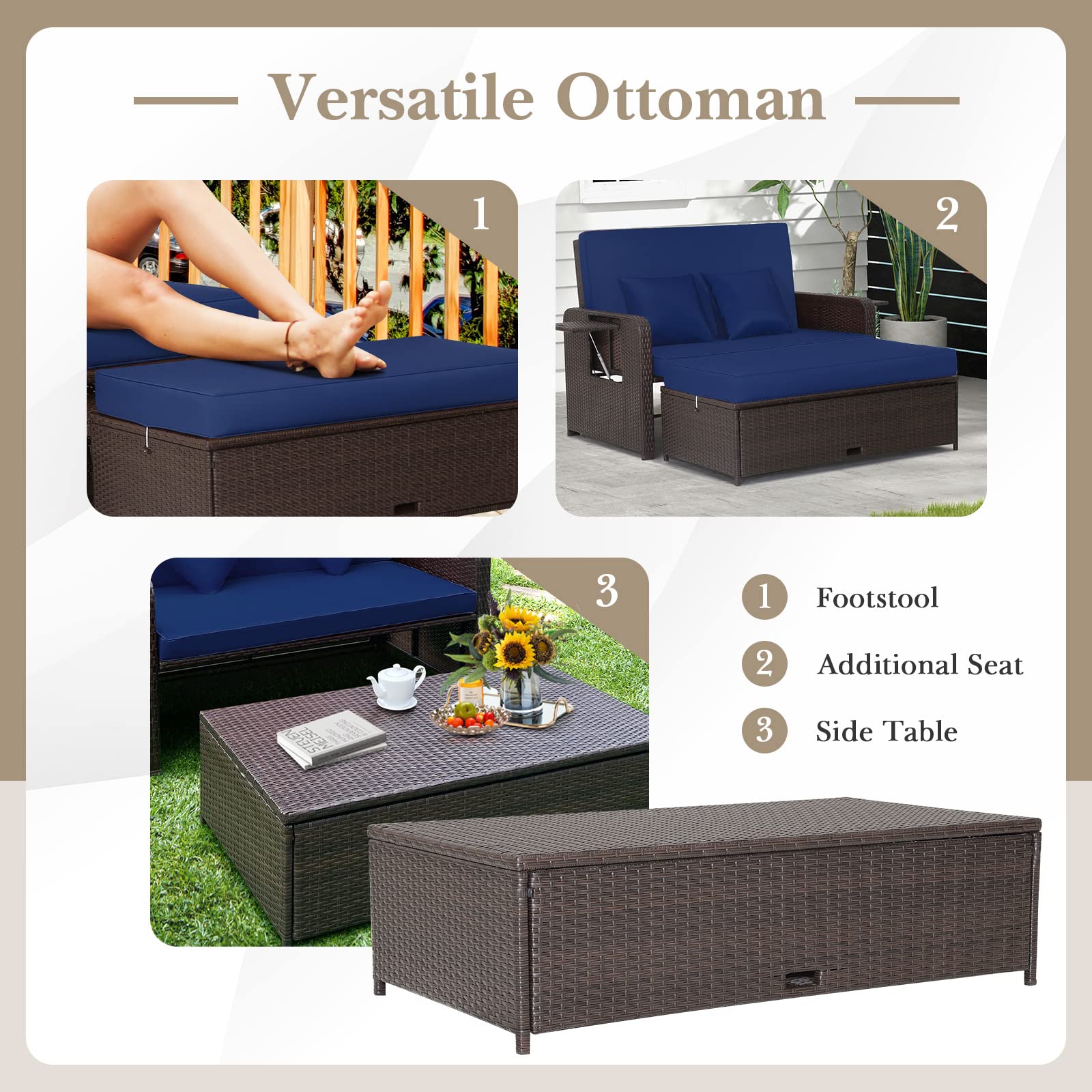 Tangkula Outdoor Rattan Daybed Set with Adjustable Backrest - Wicker Loveseat Sofa, Ottoman & Side Tray - Includes Storage Footstool & Cushions (Navy) - Perfect for Patio, Garden, Poolside & Backyard Relaxation