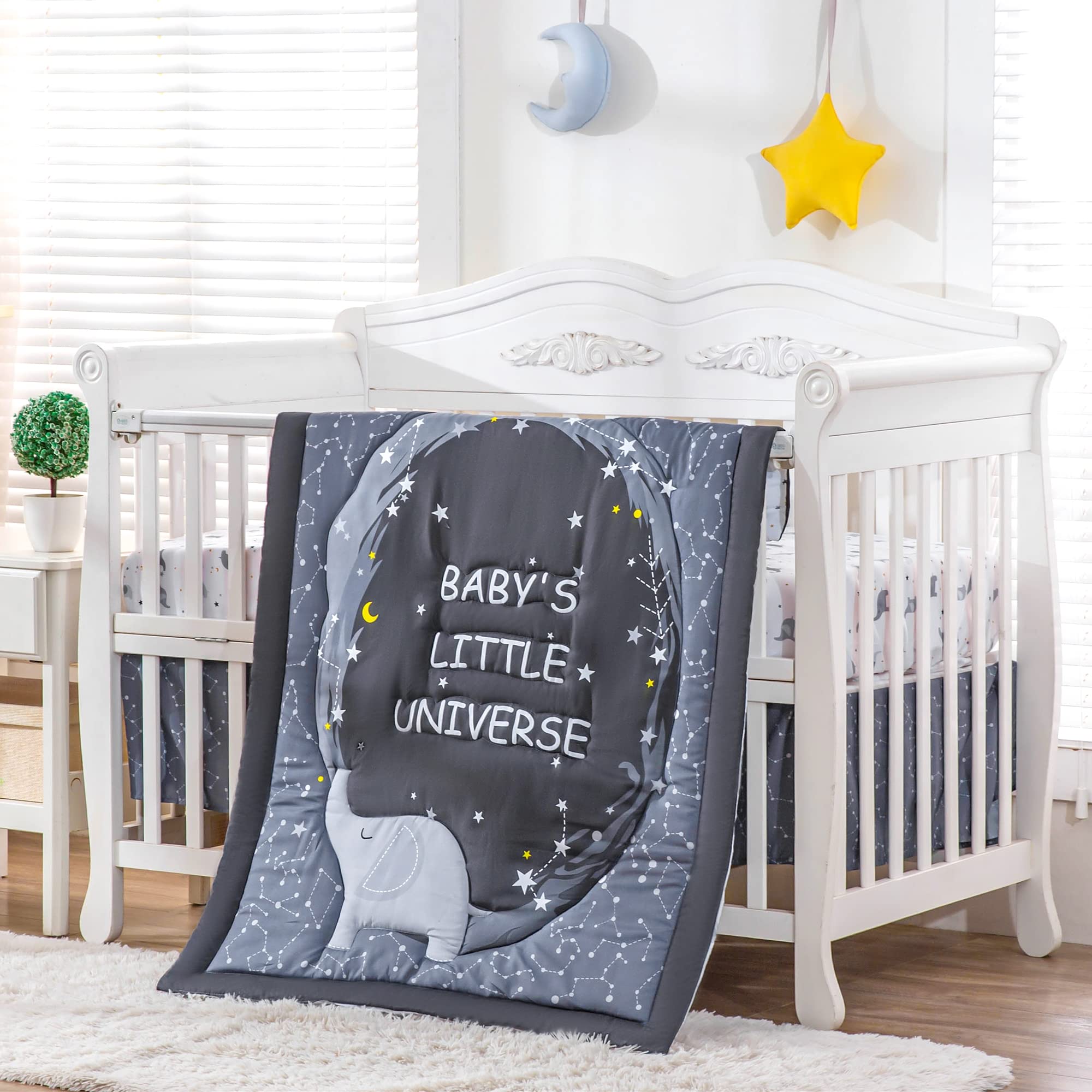 Jupeollon 3-Piece Baby Crib Bedding Set for Boys - Elephant Moon Star Theme Nursery Bedding | Soft Breathable Cotton | Includes Comforter, Fitted Sheet & Crib Skirt | Grey | Perfect for Newborns & Toddlers Nursery Decor