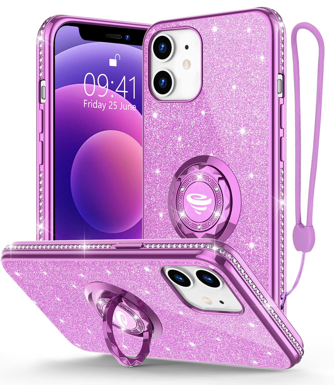 Stylish Glitter iPhone 12 Case with Ring Stand - Purple Sparkle Phone Cover for Women | Compatible with iPhone 12 & 12 Pro 6.1