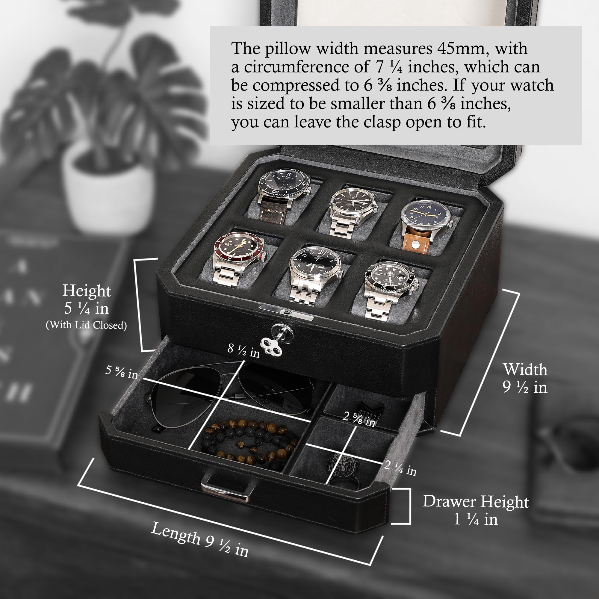 Premium ROTHWELL 6-Slot Leather Watch Box with Valet Drawer - Luxury Watch Case Organizer with Microsuede Lining & Locking Mechanism - Men's Jewelry Storage Box with Large Glass Top (Black/Grey) - Perfect for Watch Collectors, Travel & Home Display