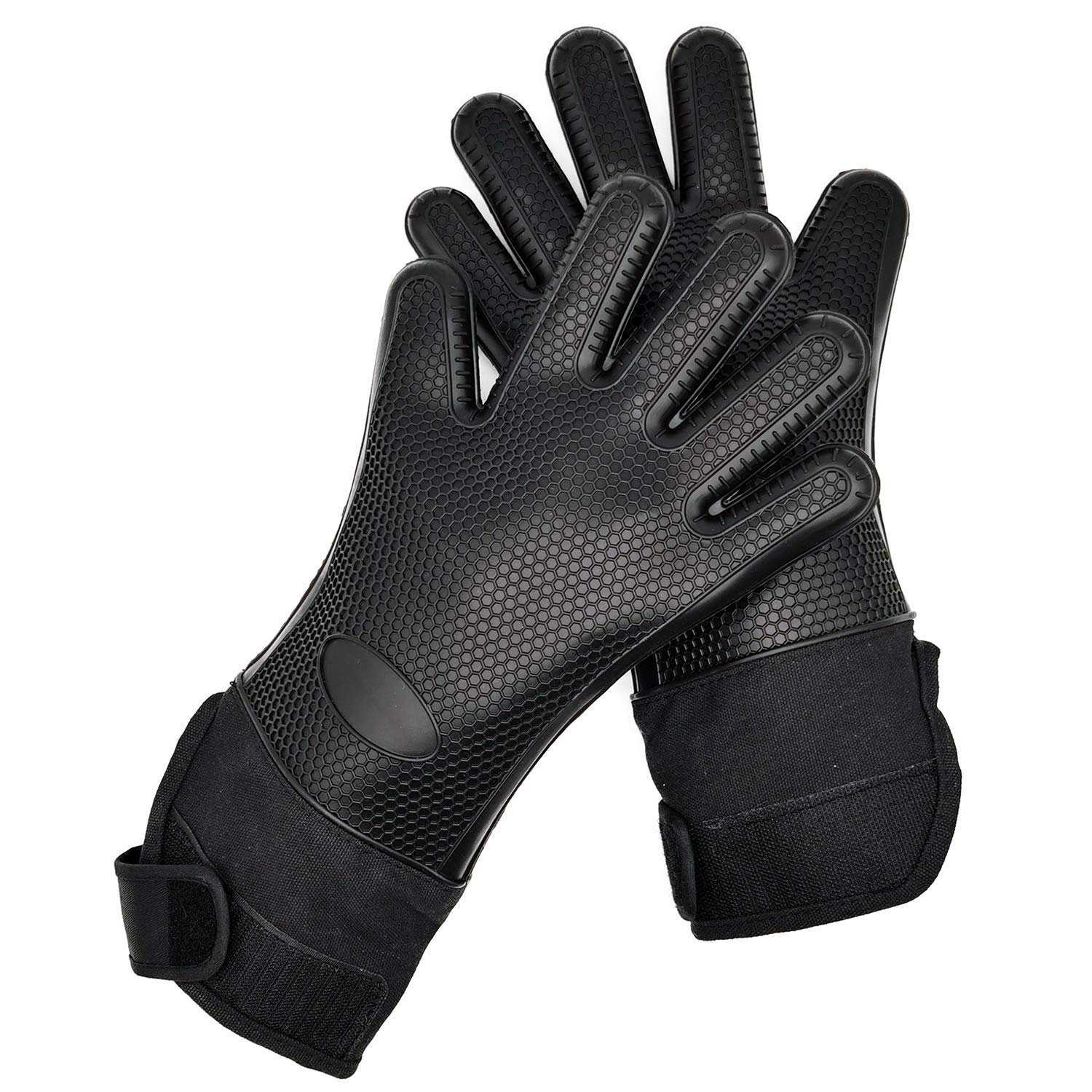 Upgraded Heat Resistant Silicone Grilling Gloves - Premium Non-Slip Oven Mitt with Cotton Lining, Adjustable Velcro & Waterproof - Perfect for BBQ, Baking, Camping & Kitchen Cooking (Black)