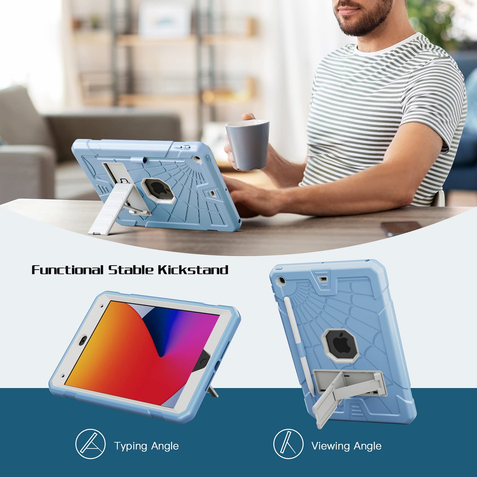 Shockproof iPad Case for 9th/8th/7th Gen 10.2 Inch (2021/2020/2019) - Kids Protective Cover with Built-in Pencil Holder & Tempered Glass Screen Protector | Light Blue | Perfect for School, Travel & Home Use