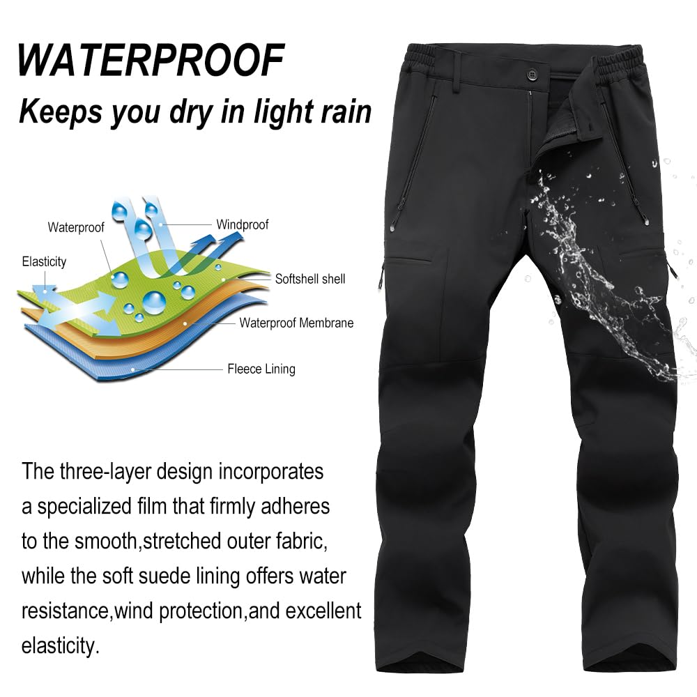 Men's Waterproof Ski Snow Pants - Fleece Lined Winter Hiking Pants with Cargo Pockets | Warm Insulated Softshell Outdoor Pants for Skiing, Snowboarding, Fishing & Cold Weather Activities