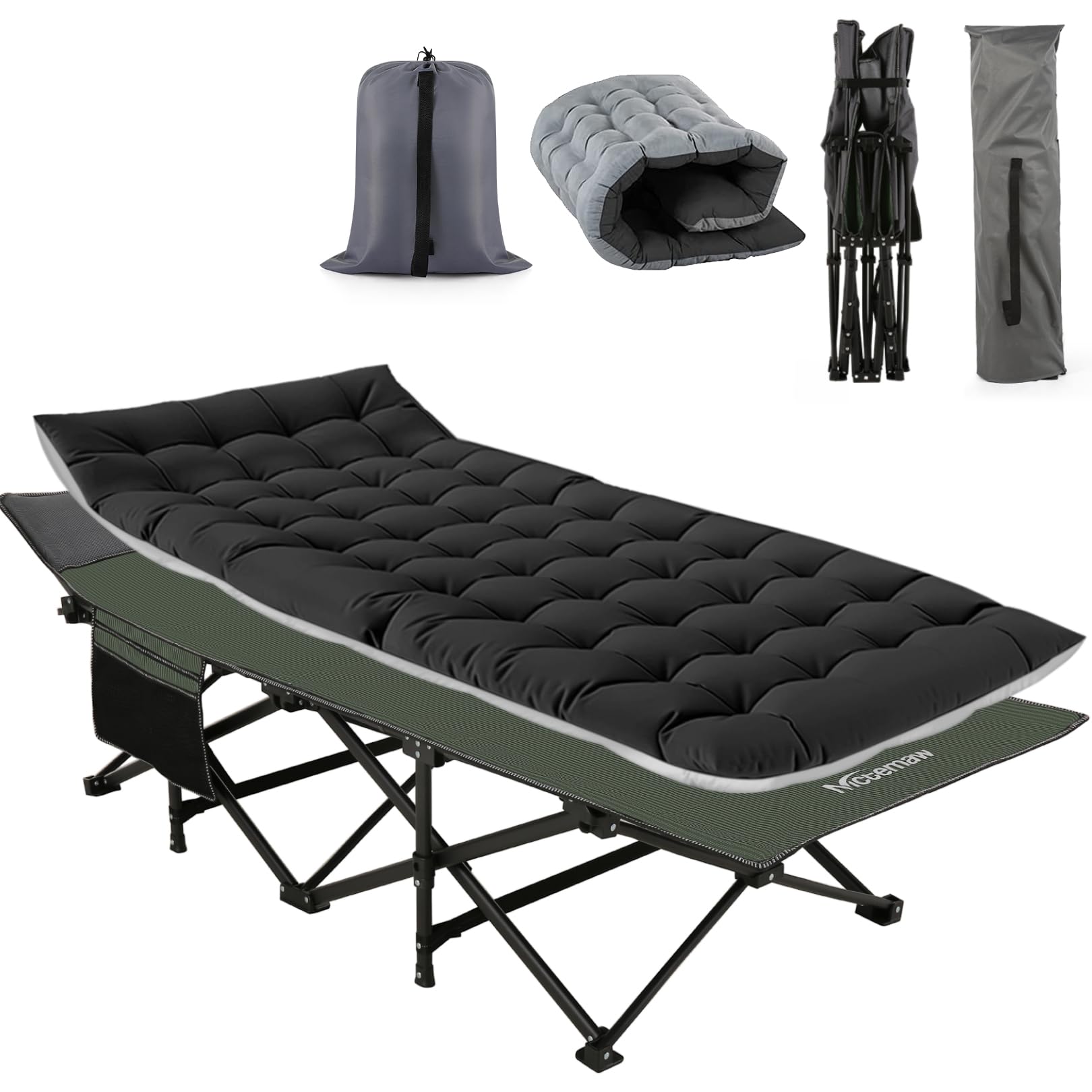 Nictemaw Folding Camping Cot for Adults - Heavy Duty 900LBS Capacity, Portable Sleeping Cot with Carry Bag, Double Layer Oxford Fabric - Perfect for Outdoor Camping, Beach, Travel, Home & Office Use - Green Stripes