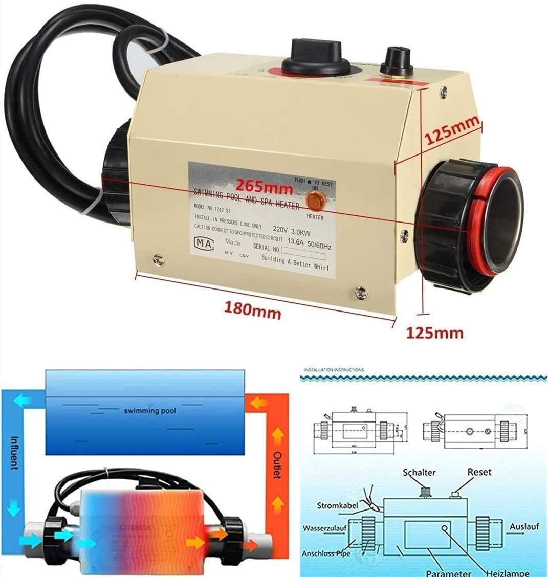 3KW 220V 240V Electric Water Heater Thermostat for SPA, Bath & Swimming Pool - Premium Portable Pool Heater Pump with High-Quality Temperature Control - Perfect for Home, Hotel and Outdoor Use