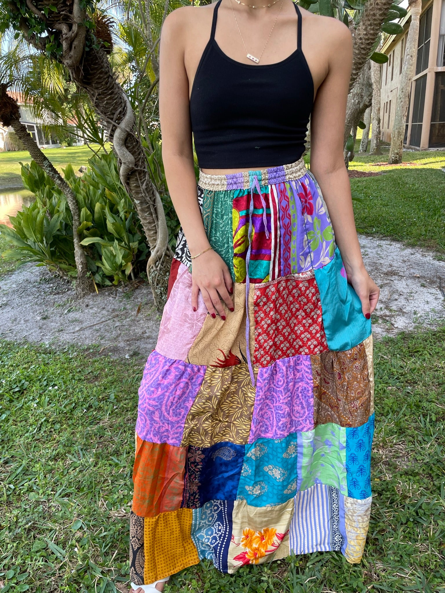 Boho Floral Patchwork Maxi Skirt - Honey Yellow Hippie Style Flared Skirt for Women (S/M/L) | Perfect for Beach, Festival & Summer Outfits