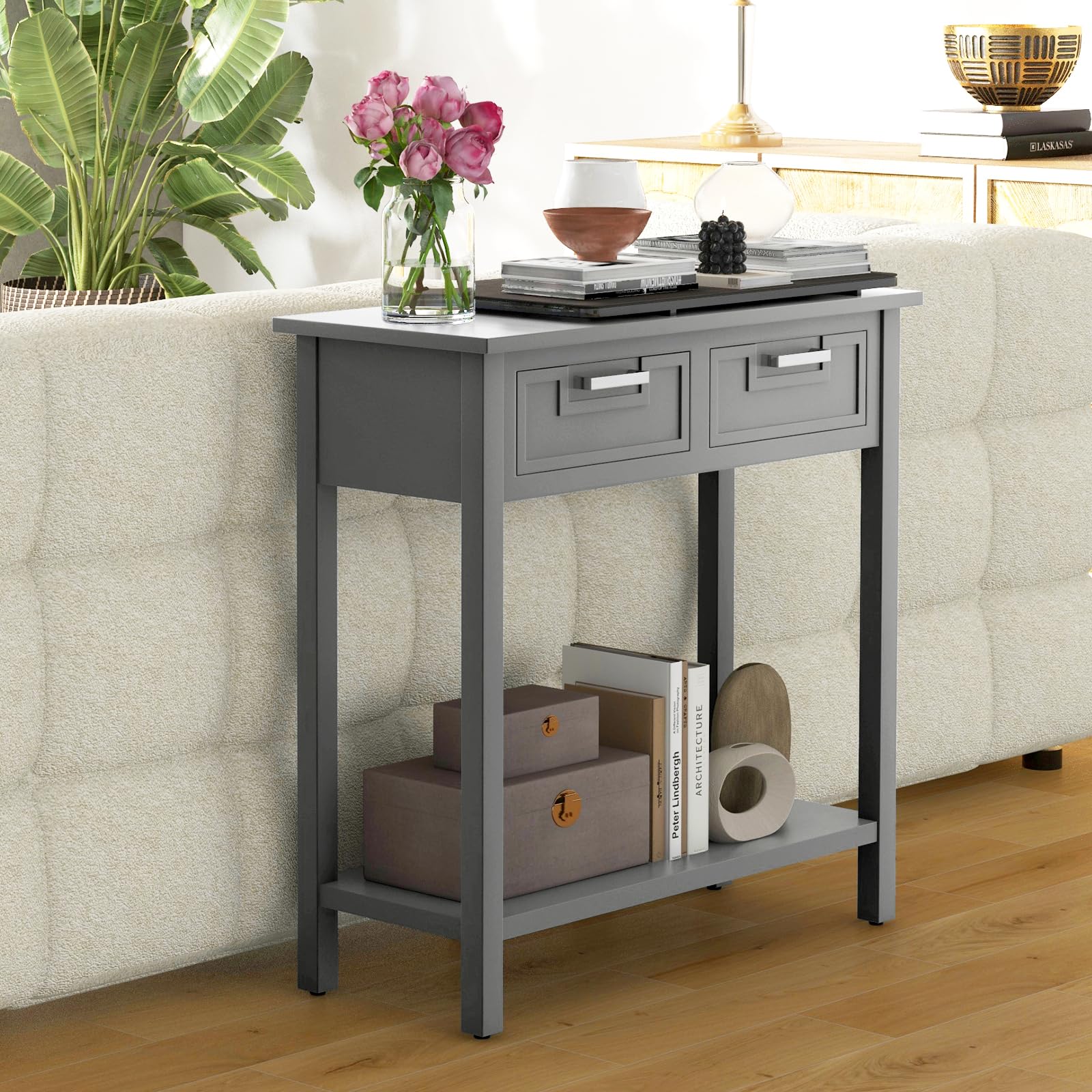 Giantex Modern Console Table with 2 Drawers & Open Storage Shelf - Narrow Sofa Table with Wood Legs for Entryway, Living Room, Office, Hallway - Perfect Foyer Table for Small Spaces (Gray) | Ideal for Home Decor, Apartment Entry, Behind Couch & Wall Organization