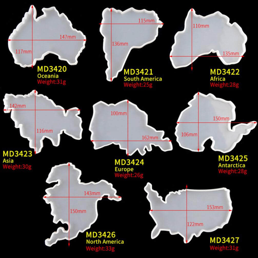 7-Piece Silicone Coaster Mold Set - World Map & Continent Design for Resin Art, DIY Faux Agate Coasters - Perfect for Home Decor, Gifts & Tabletop Protection