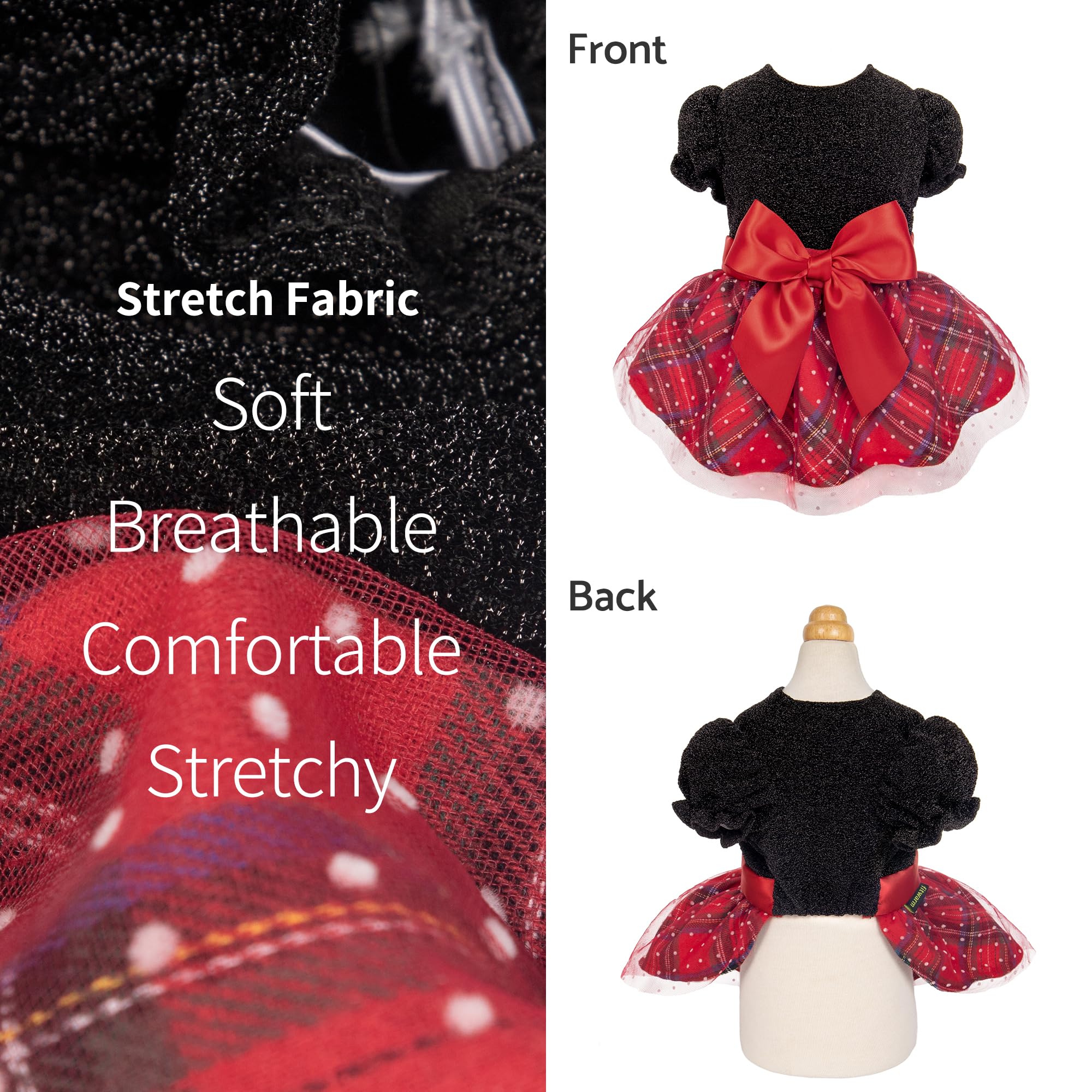 Fitwarm Christmas Puff Sleeve Dog Dress - Elegant Holiday Pet Outfit for Small Dogs | Black & Red Medium Size | Perfect for Christmas Photos & Festive Gatherings