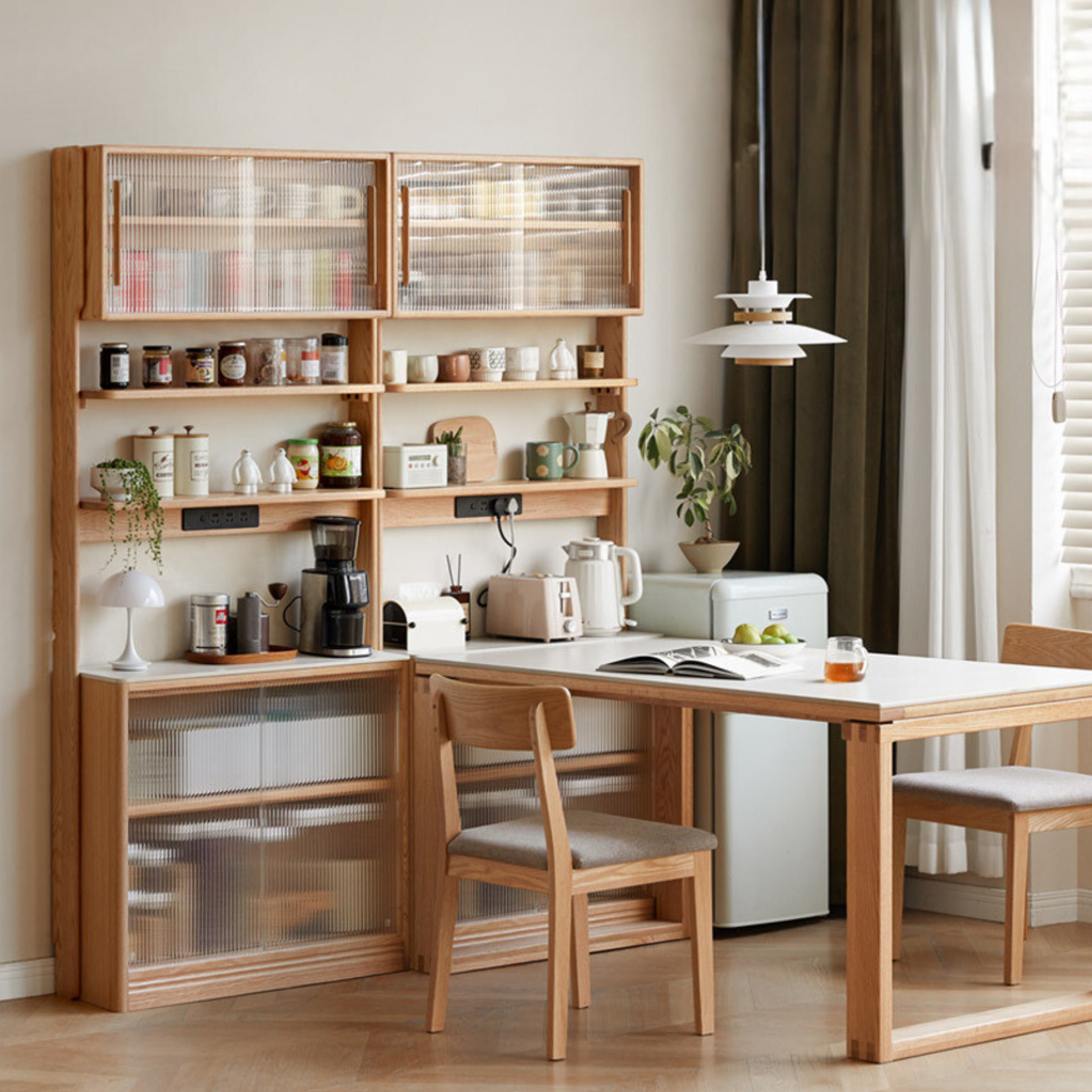 Solid Oak Wood Sideboard with Rock Board Top - Multifunctional Dining Room Storage Cabinet for Kitchen, Living Room & Entryway Organization