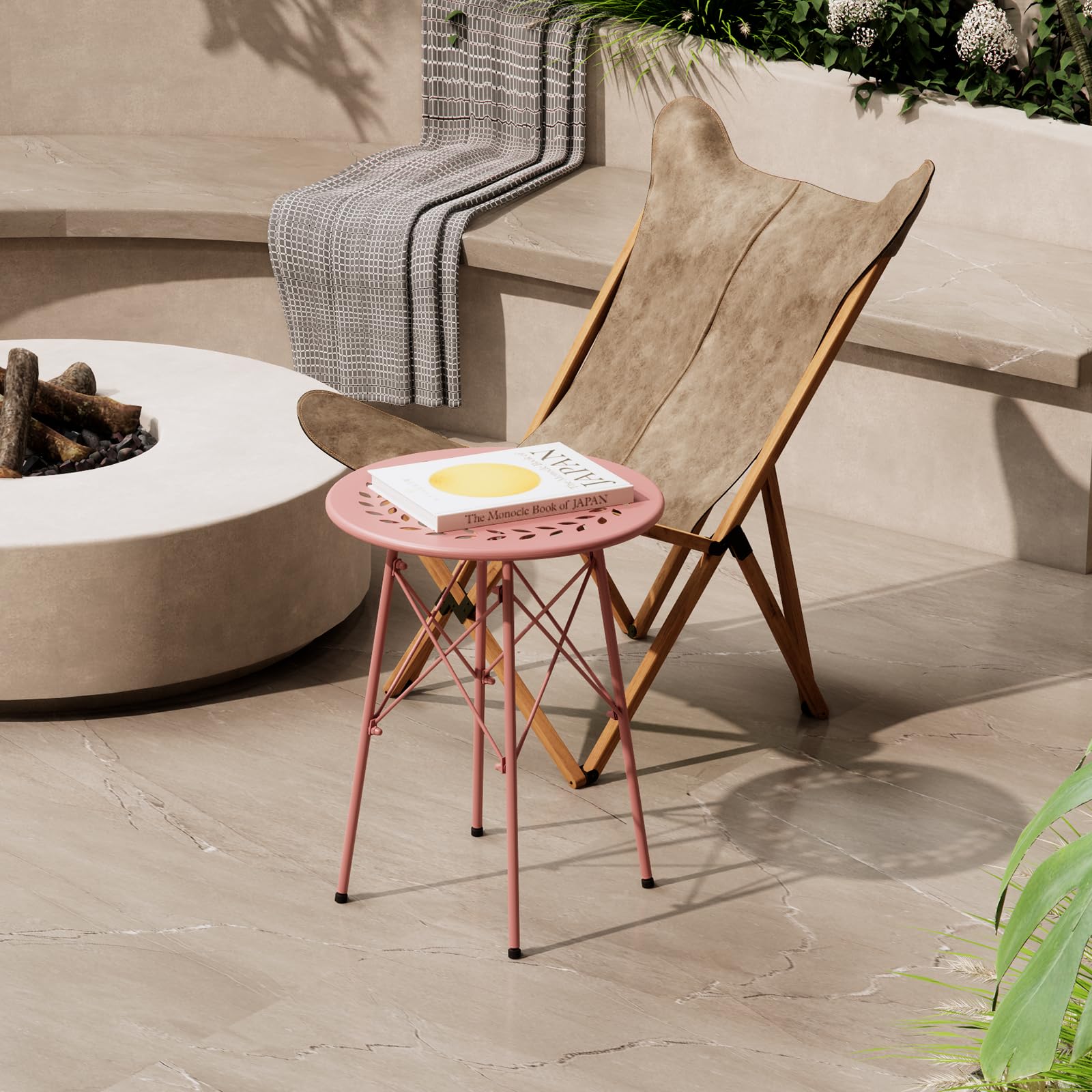 XIV Outdoor Side Table - Small Round Metal Patio Table, Weatherproof Accent End Table for Garden, Balcony & Yard - Perfect for Poolside, BBQ & Outdoor Relaxation (Pink)