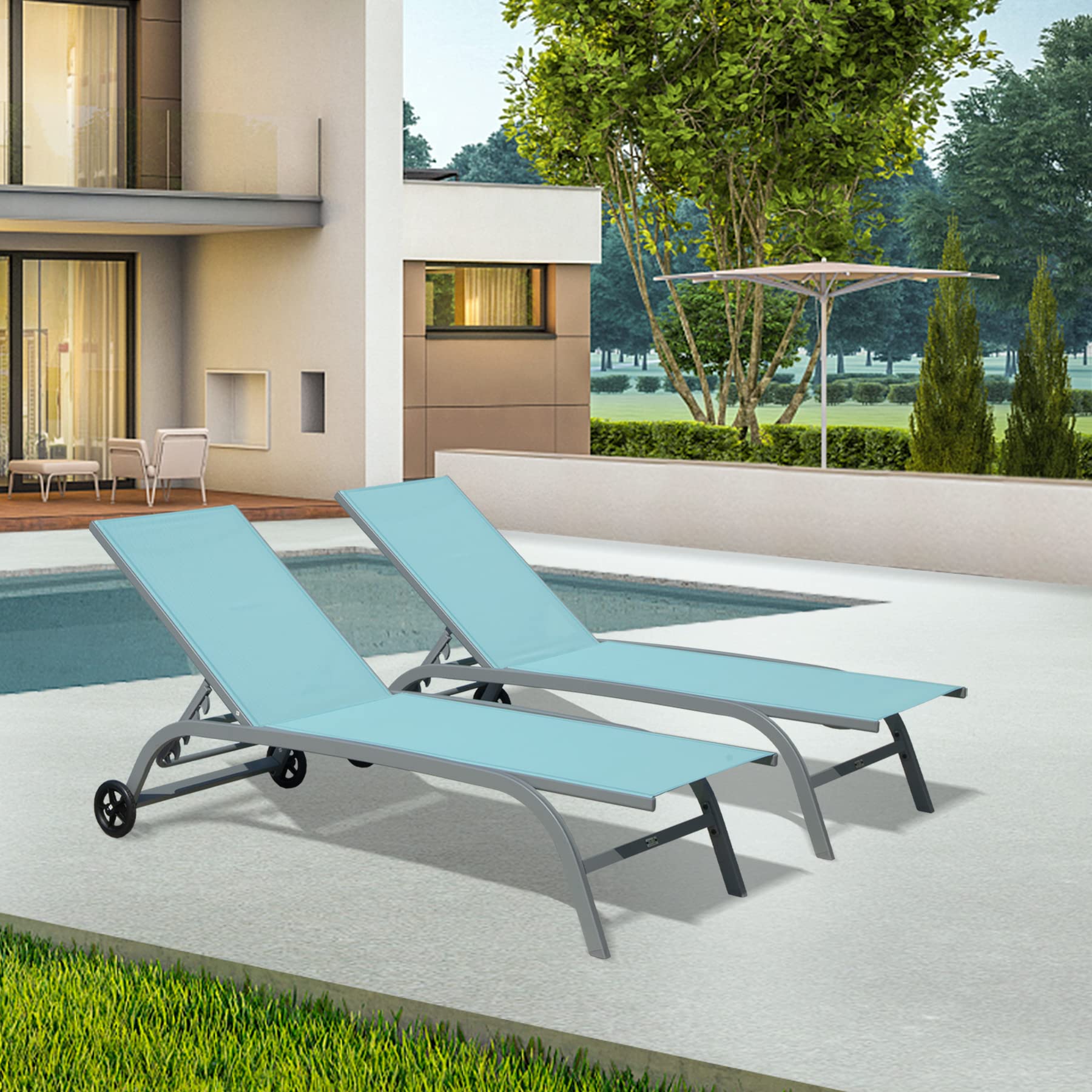 **Domi Chaise Lounge Outdoor Set of 2 - Adjustable Poolside Lounge Chairs with Wheels, 5-Position Reclining for Patio, Yard, Deck - Turquoise Blue - Perfect for Sunbathing & Relaxing by the Pool**