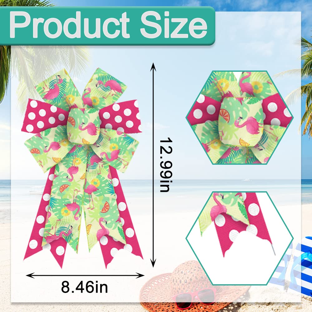 2 Pack Summer Wreath Bows - Green & Pink Burlap Flamingo Bows for Farmhouse Door Decor, Hawaiian Summer Party, Beach Pool Birthday Decorations | Perfect for Front Door, Wreaths, and Tropical Themed Parties